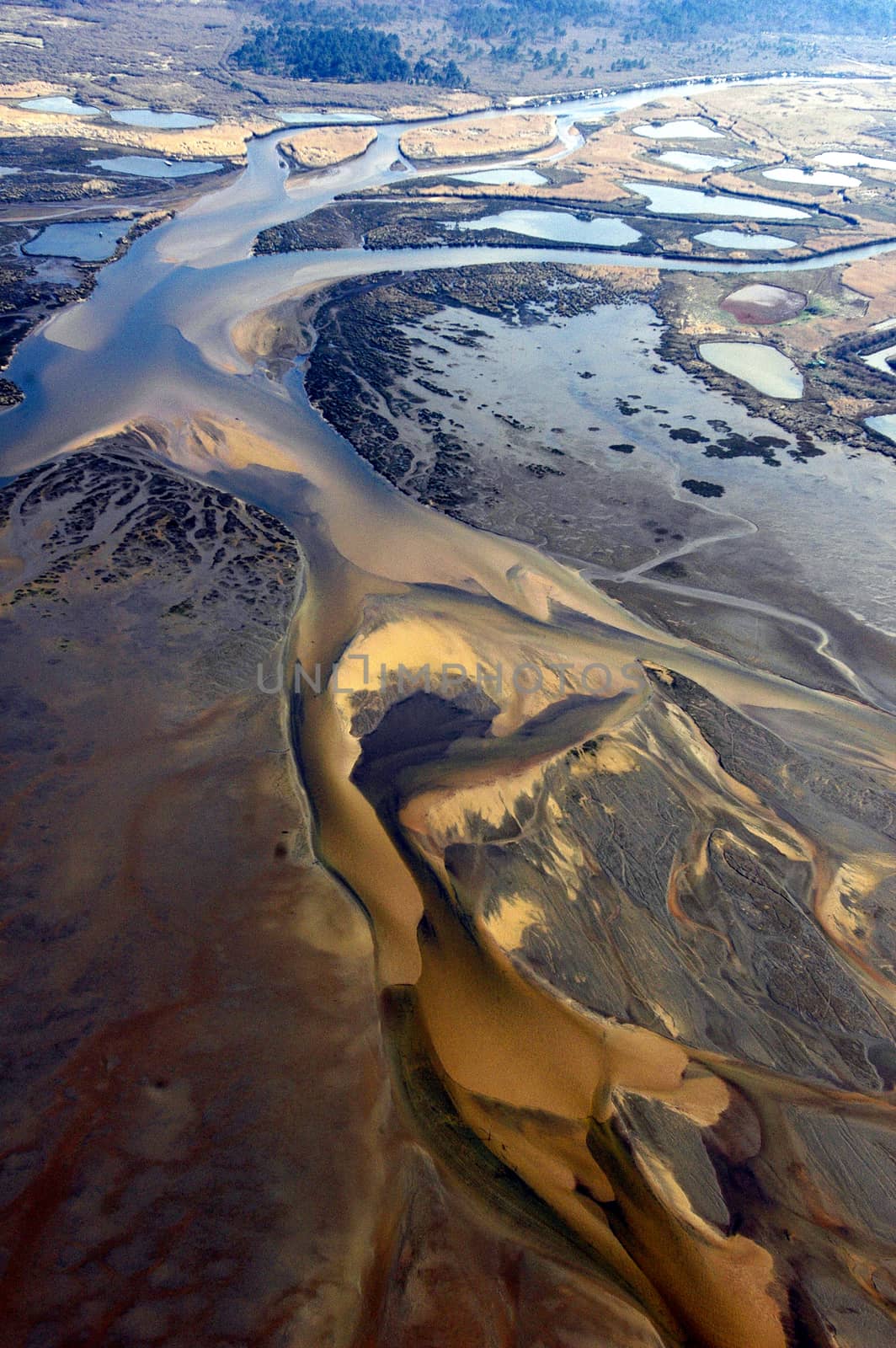 Aerial of sand dunes in Domaine de Certes, Arcachon, France
