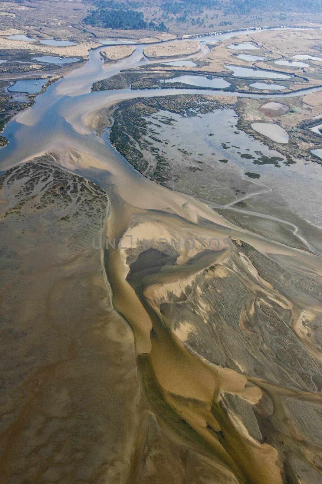 Aerial of sand dunes in Domaine de Certes, Arcachon, France