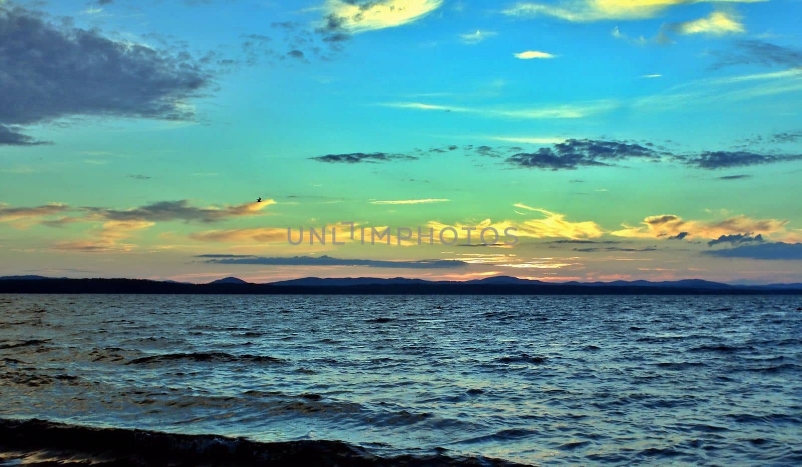 beautiful Lake Uwildy in the southern Urals in the summer evening