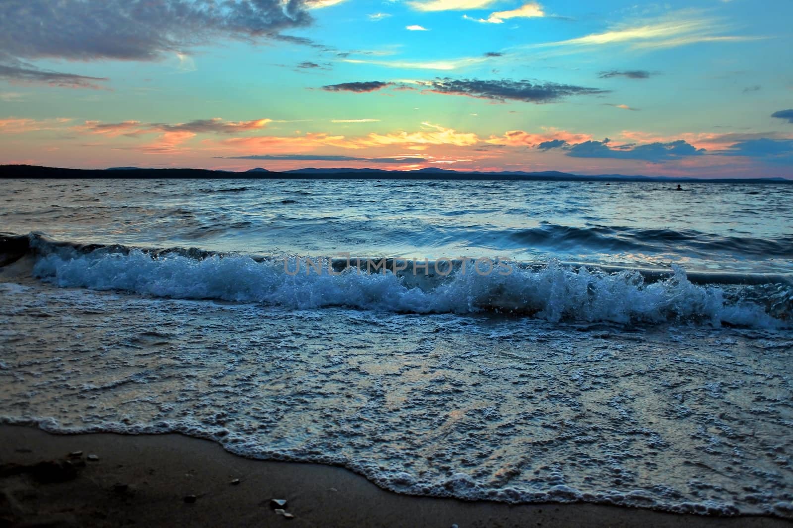 beautiful Lake Uwildy in the southern Urals in the summer evening