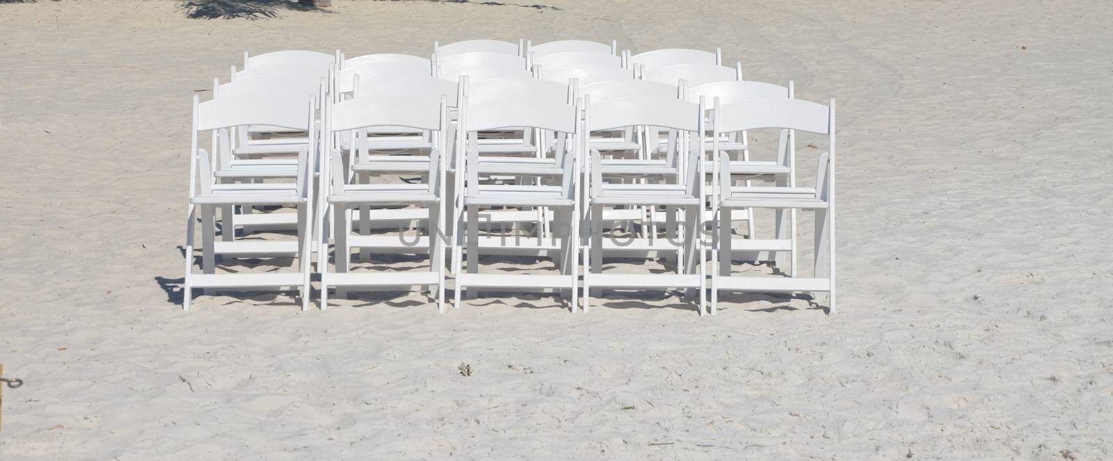 White chairs on the beach set up for a wedding.