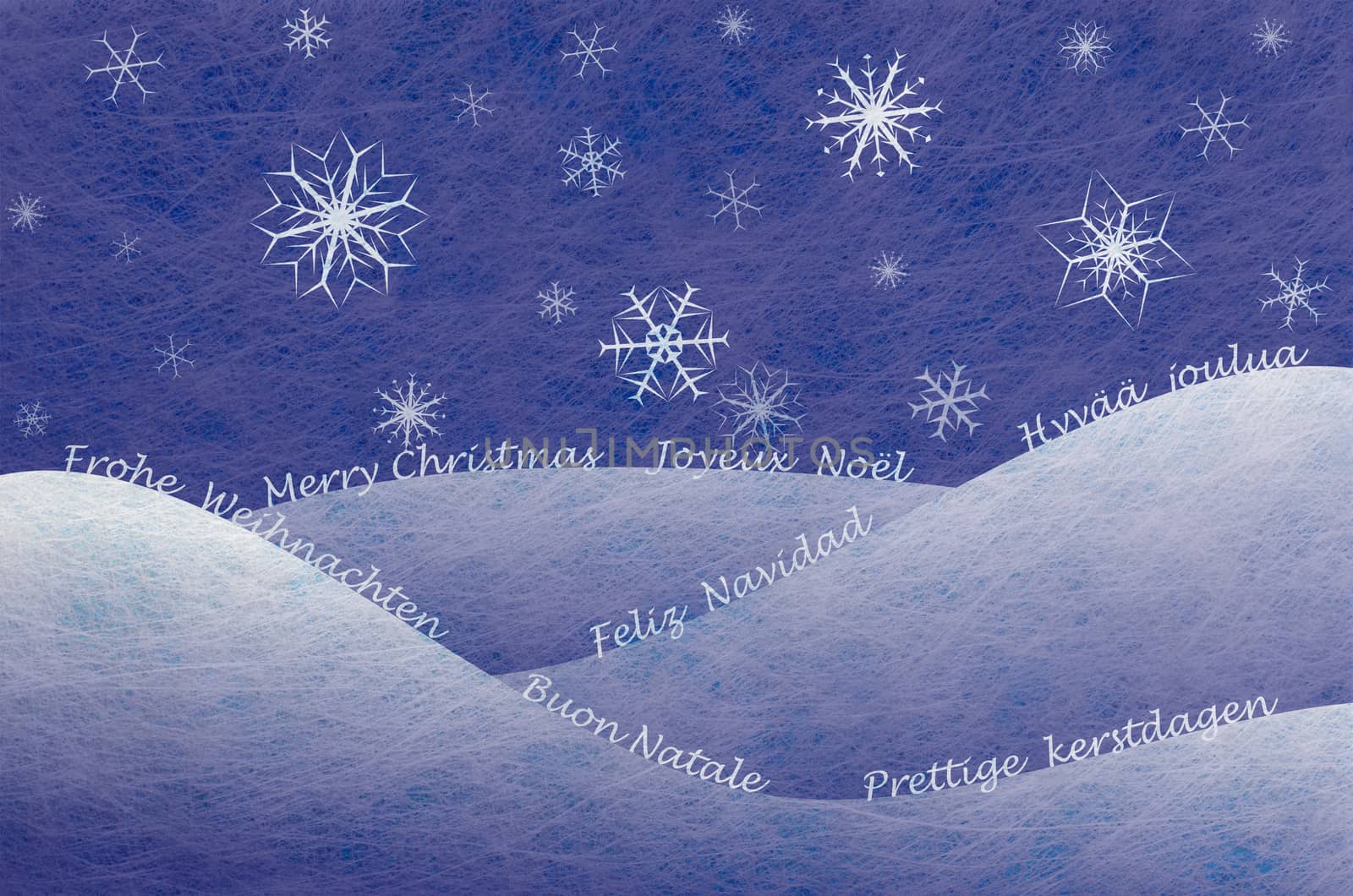 Winter scene with snowy mountains and the words for Merry Christmas in several european languages, christmas card