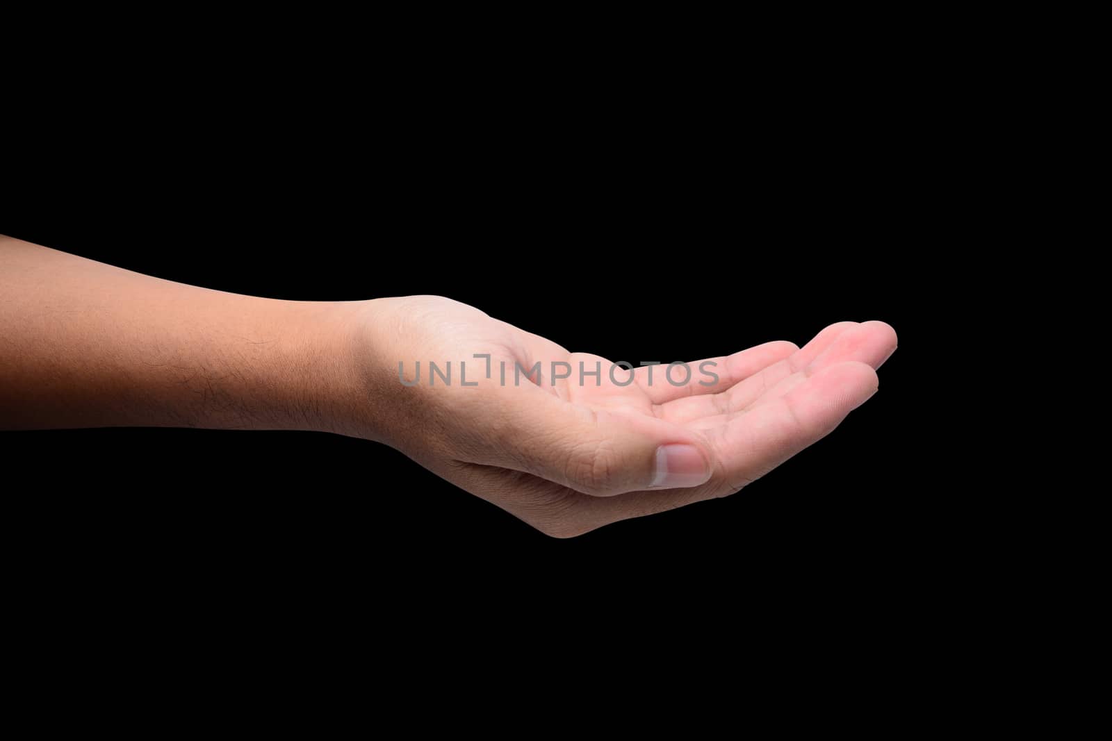 empty male hand isolated on black with clipping path