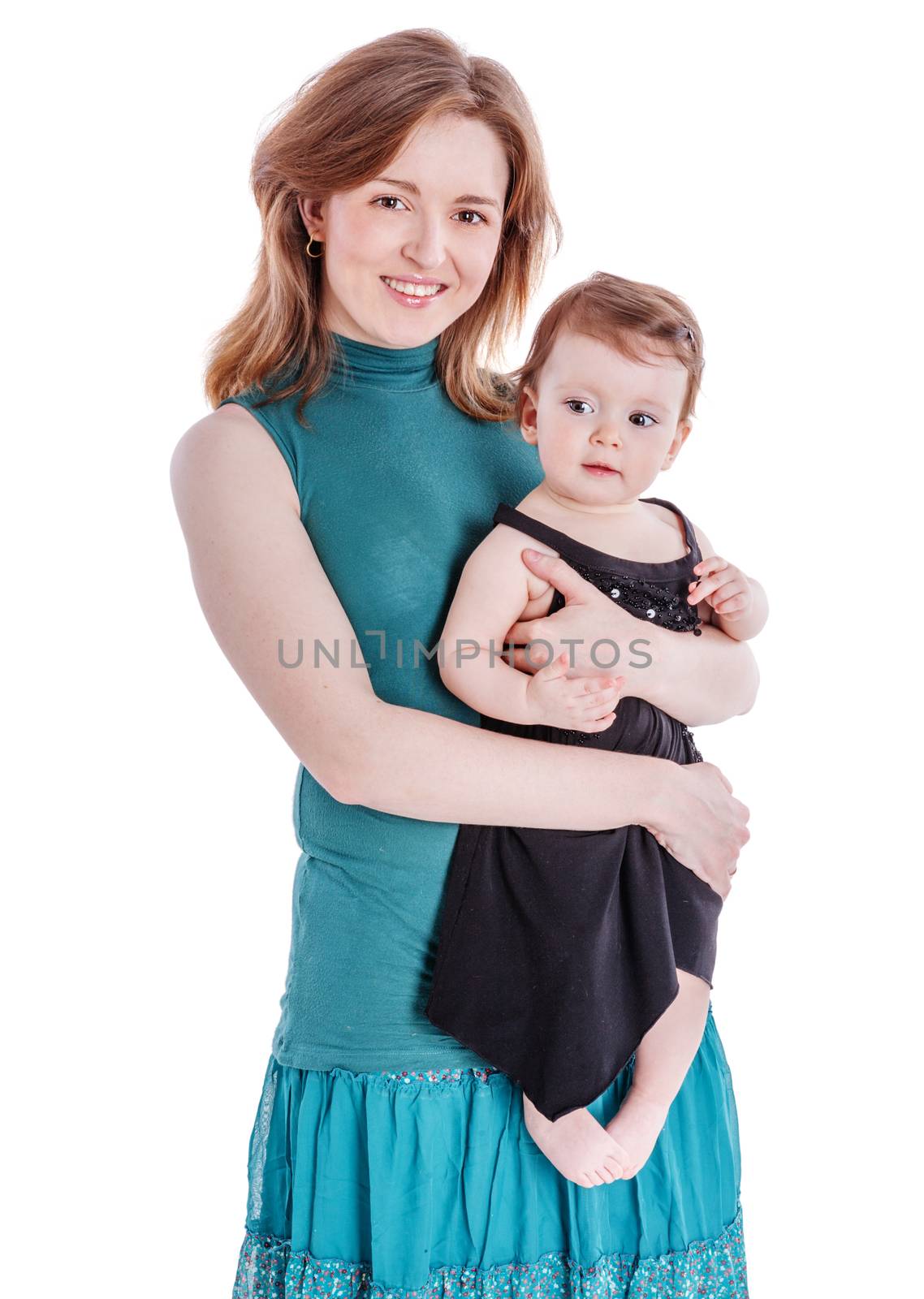 Mother with daughter posing together isolated on white