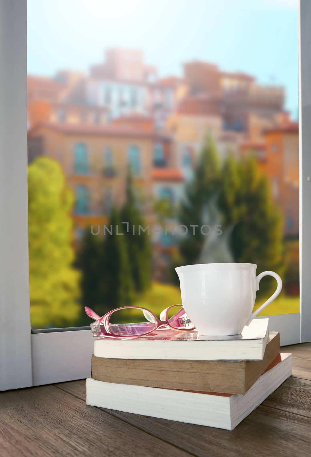 relaxing with cup of hot drink tea or coffee and book lying beside window scene of  beautiful euro building style 