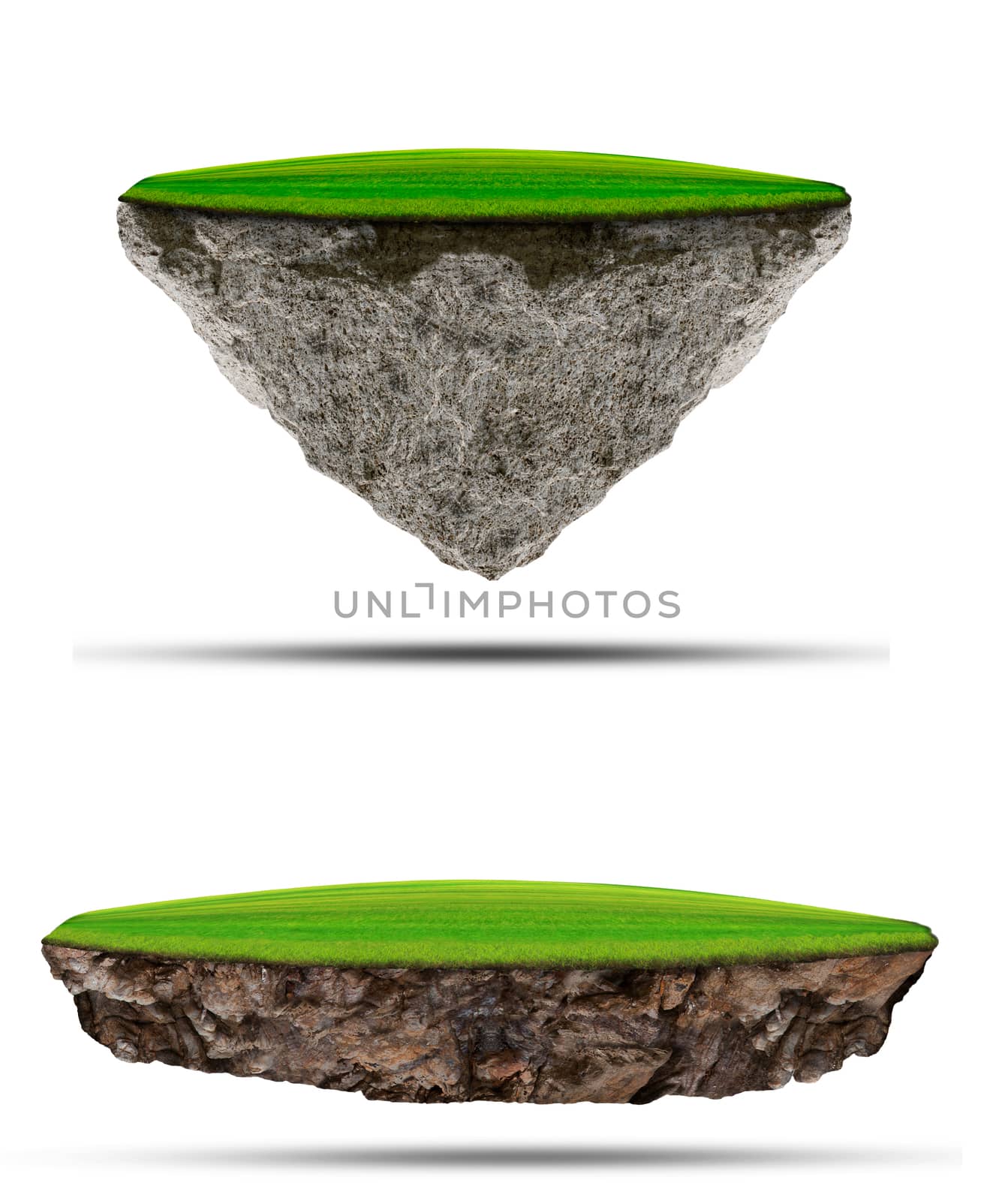 two kind of floating green grass  field over rock island on white use for multipurpose nature and creative background  or backdrop