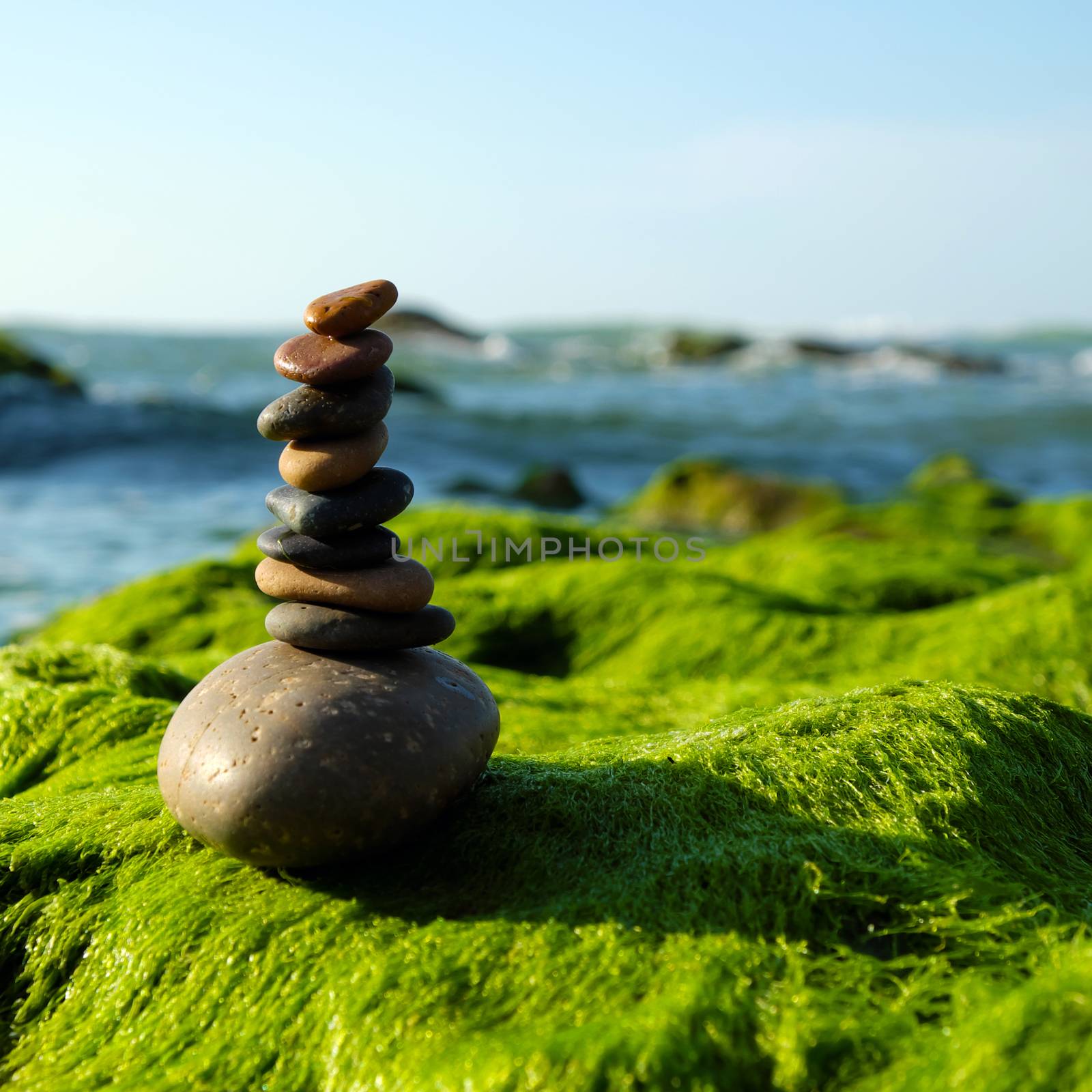 Amazing stack of stones on green moss at seaside beach, group of pebble balance on large rock as meditation, concept for Zen or strong mind or teamwork spirit