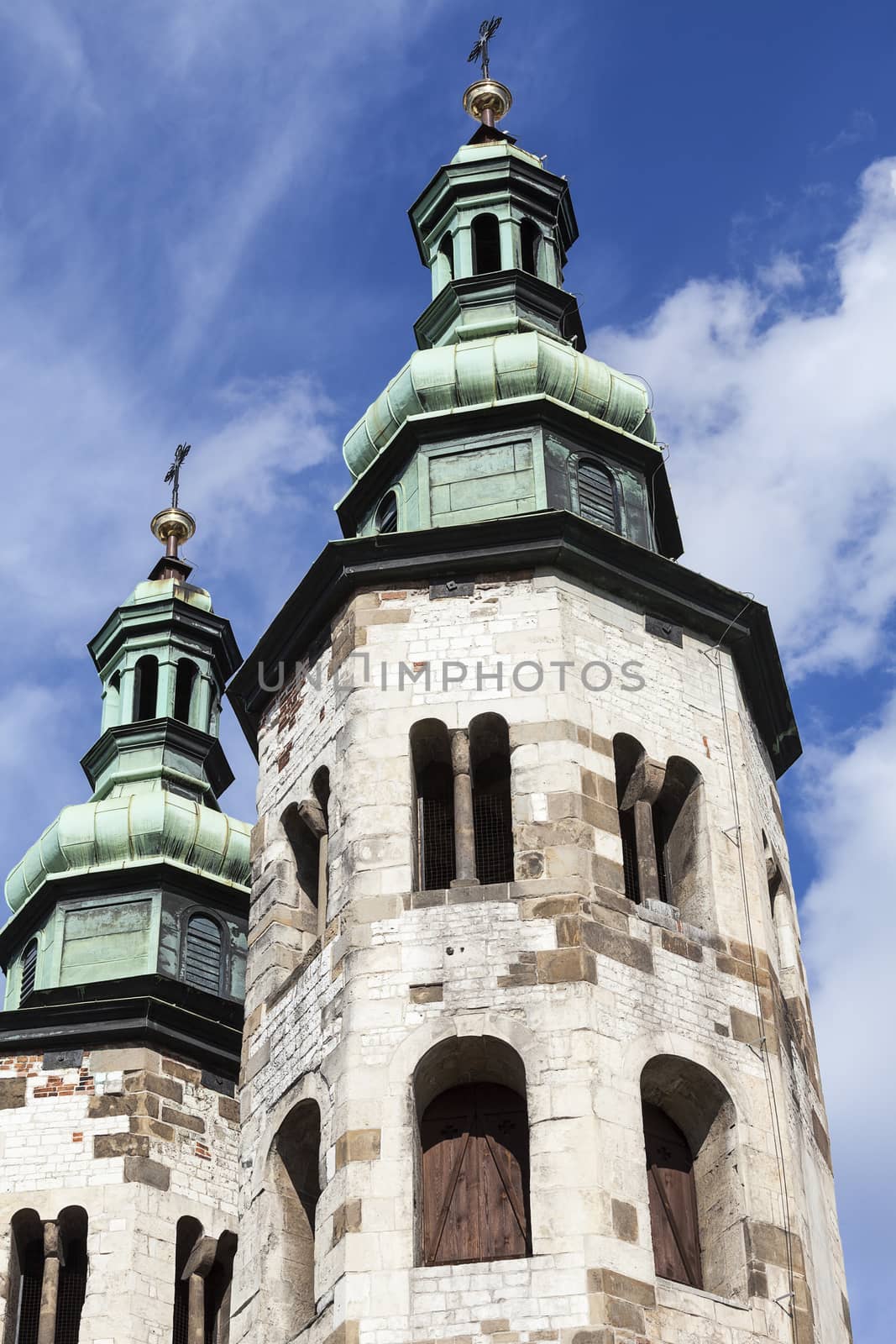 11th century Church of St. Andrew on a background of blue sky, Old Town, Krakow, Poland