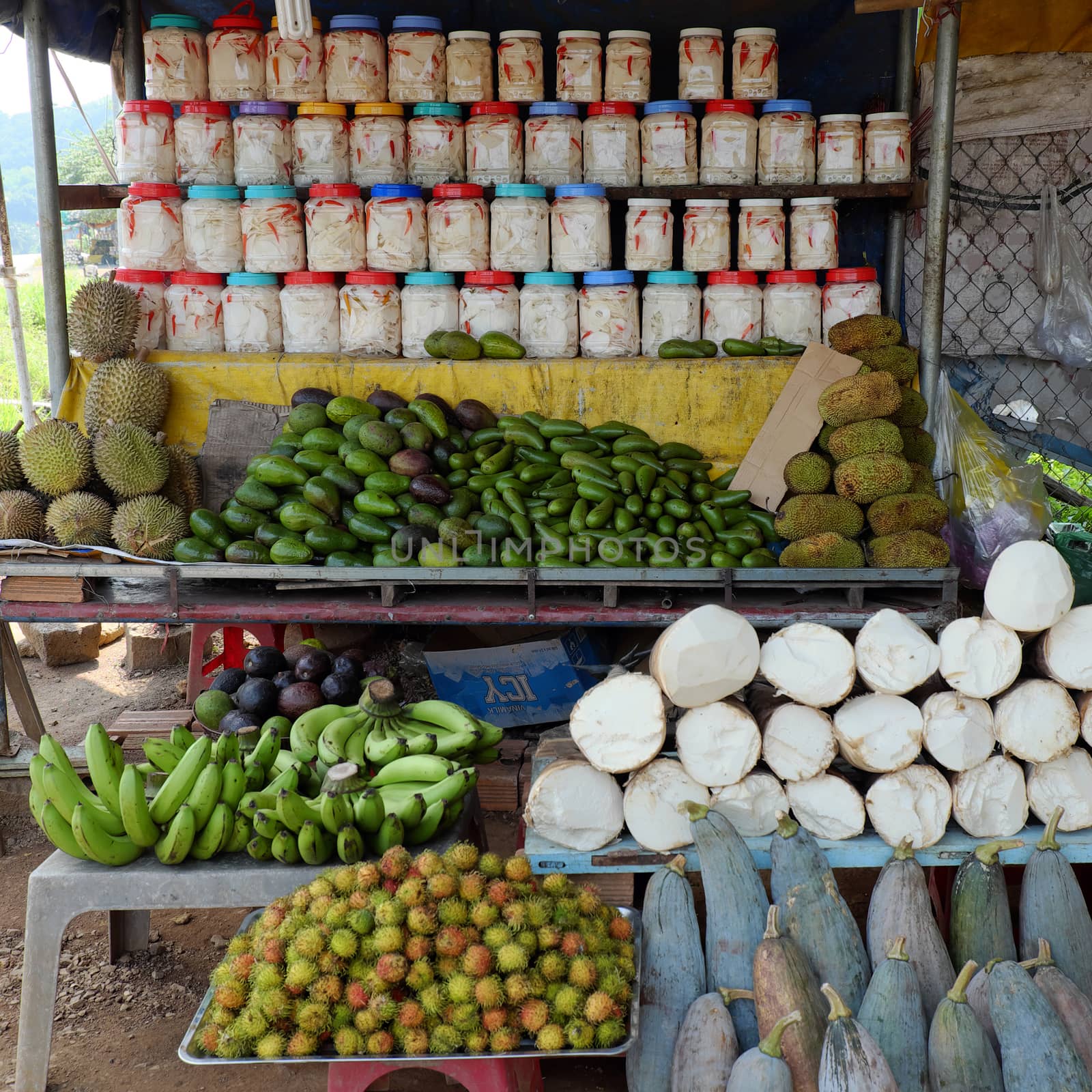Group of Vietnamese fruit, vegetable show on shelf at outdoor farmer market, food store at roadside on highway, popular fruit as durian, rambutan, avocado, jackfruit and bamboo shoot, pumpkin