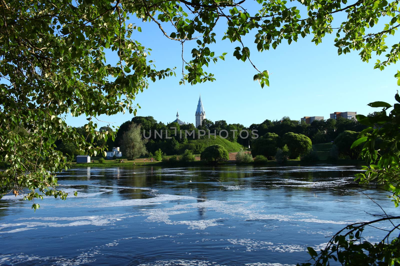 Narva Beautiful river landscape mirror reflection in the water