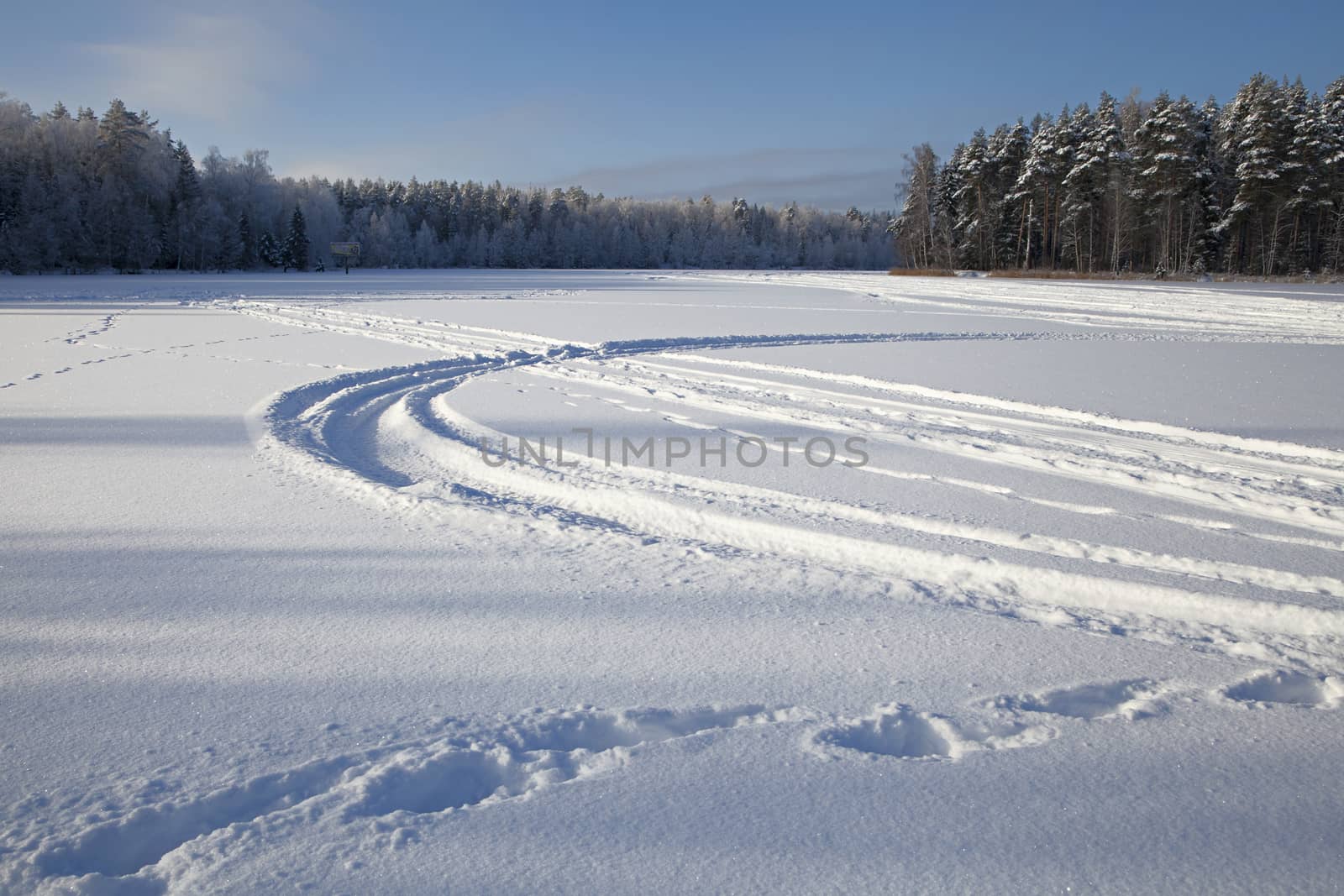 Many ski and car tracks on snow