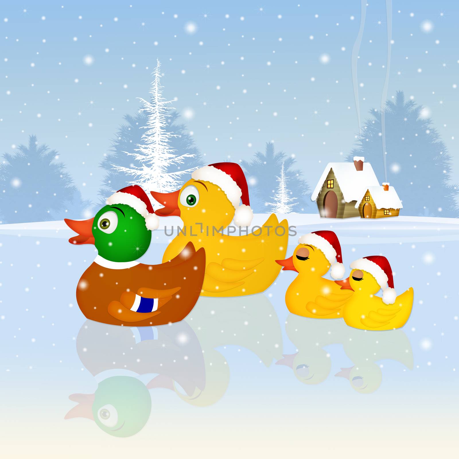 illustration of family of ducks at Christmas