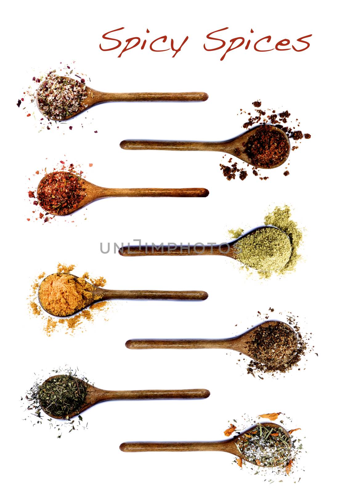 Collection of Various Spices in Wooden Spoons: Salt with Chili, Salt with Cayenne Pepper, Dried Paprika, Cumin Powder, Curry Powder, Coriander, Thyme and Salt with Petals with Inscription isolated on White background