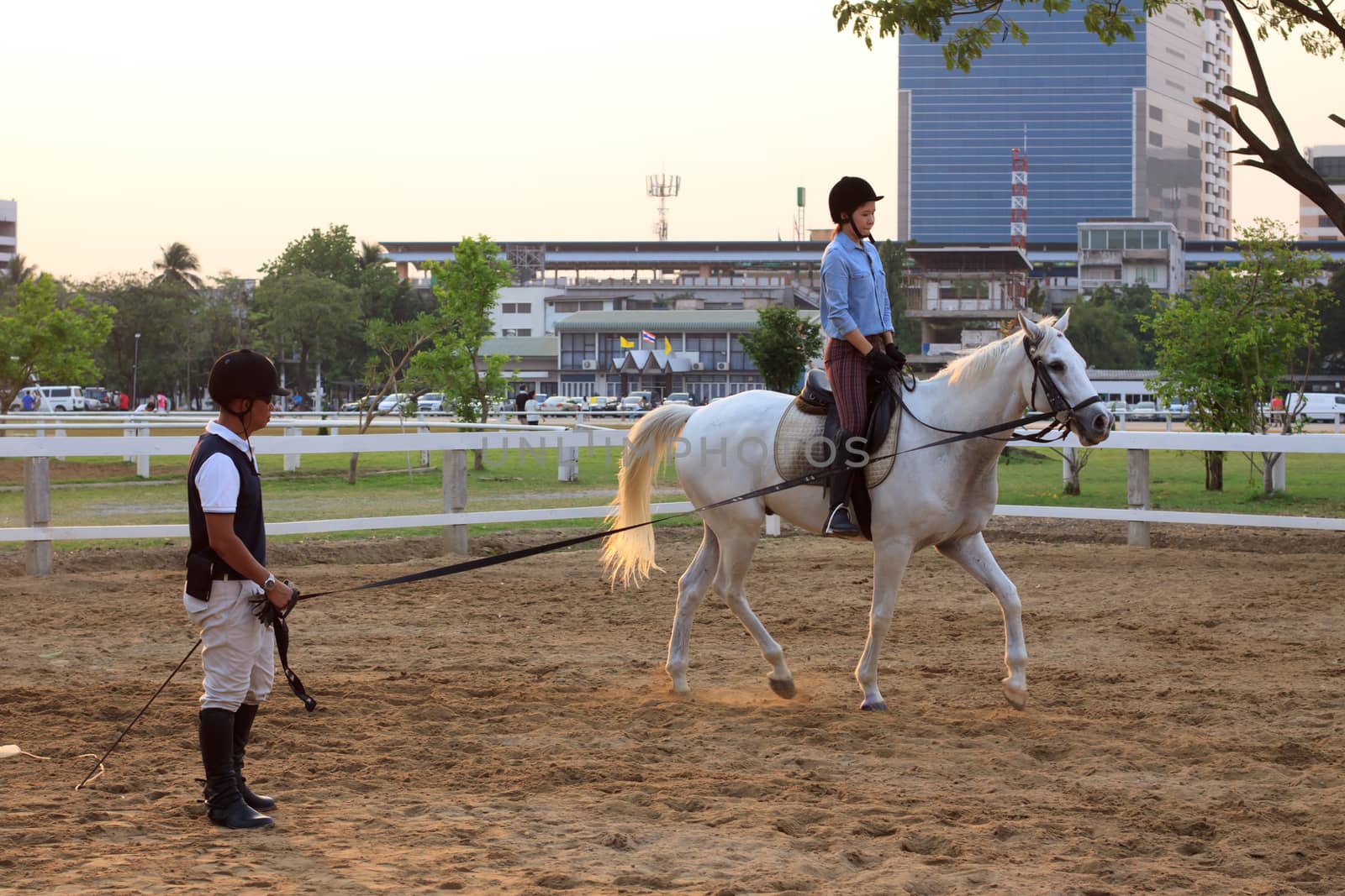 BANGKOK THAILAND - Feb27-unidentified young woman practice to ride a horse in horse riding field  on Feb 17, 2013 in Bangkok, Thailand 