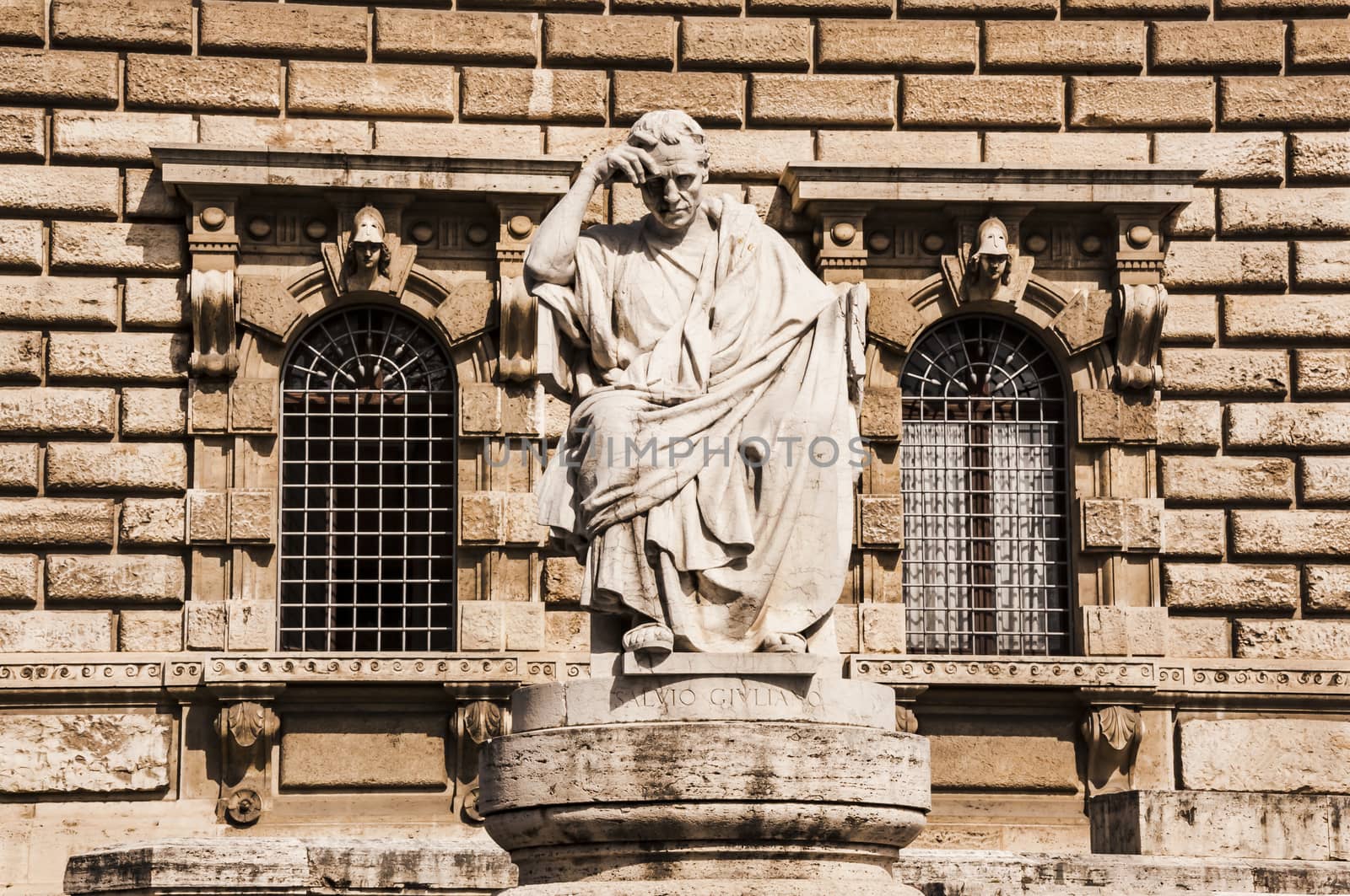 Architectural fragments of Palace of Justice Corte Suprema di Cassazione . Design by Perugia architect Guglielmo Calderini, built between 1888 and 1910. Rome, Italy.