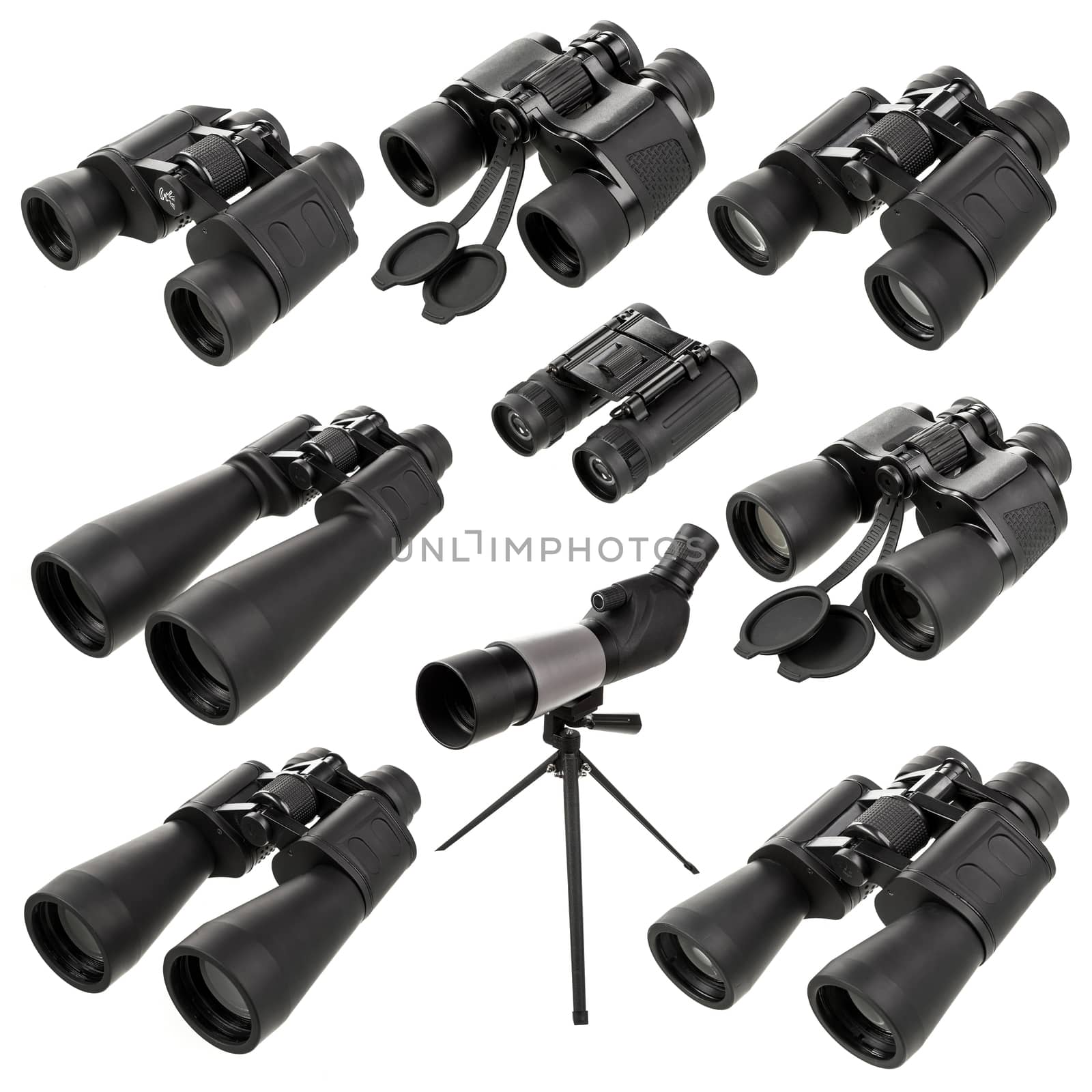 different types of field-glasses on the isolated white background