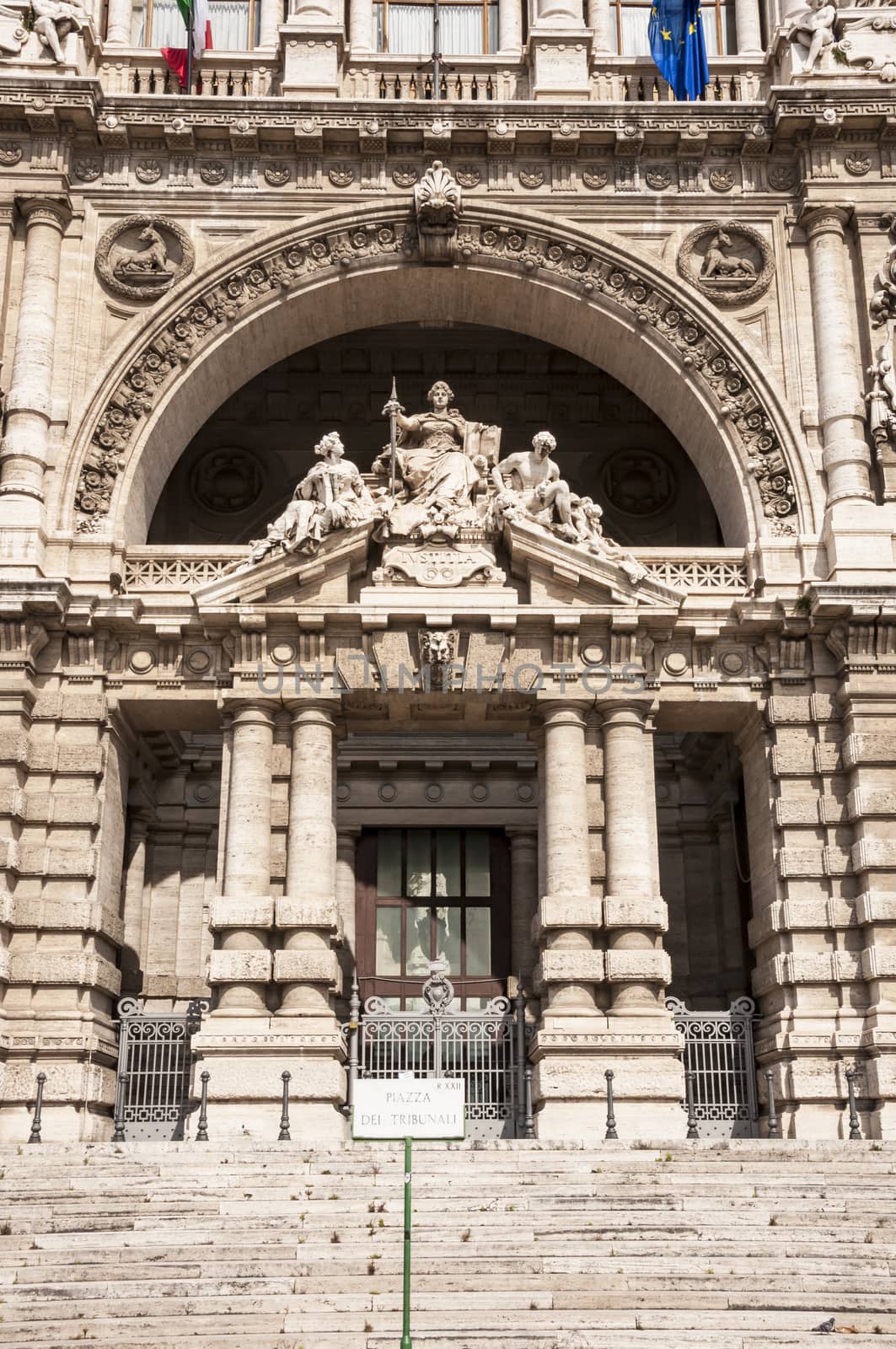 Architectural fragments of Palace of Justice Corte Suprema di Cassazione . Design by Perugia architect Guglielmo Calderini, built between 1888 and 1910. Rome, Italy.