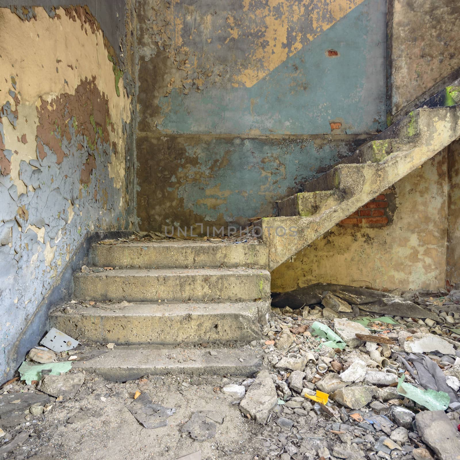 wide angle view of an old wall abandoned factory building
