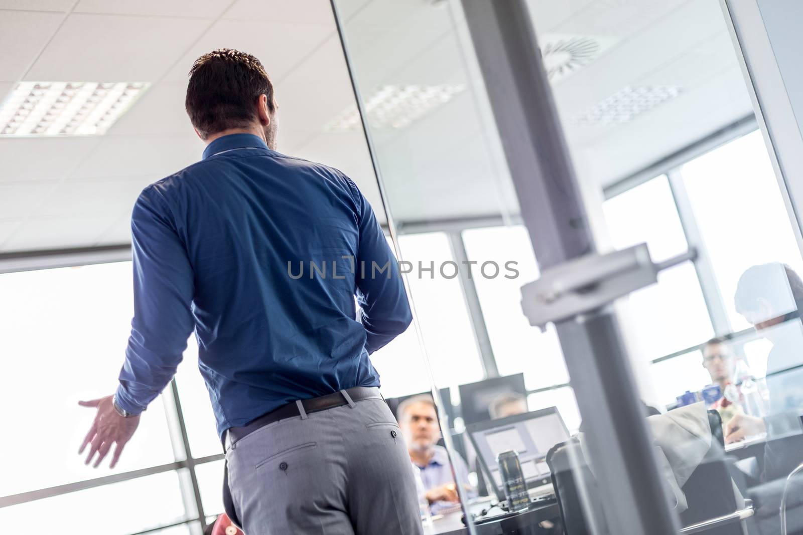 Business man making a presentation at office. Business executive delivering a presentation to his colleagues during meeting or in-house business training. Rear view. Business and entrepreneurship.