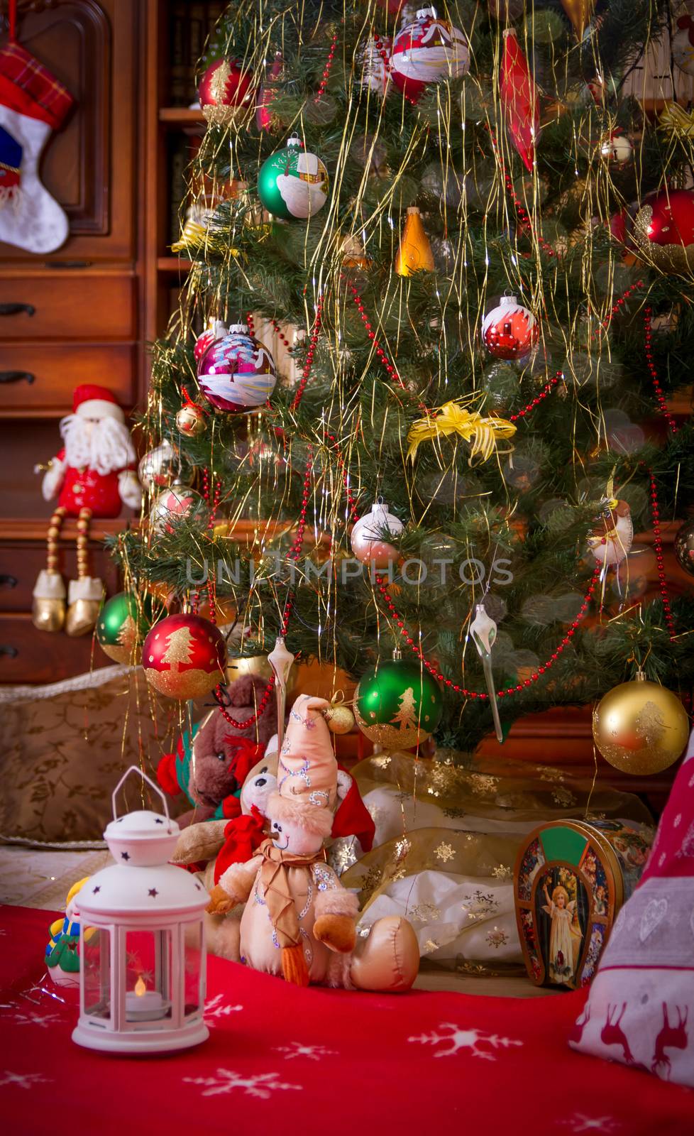 Classic Christmas tree in room vintage interior