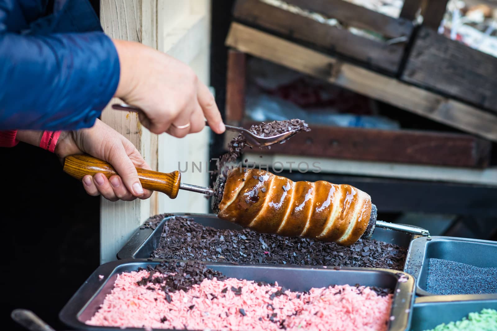 pastries sprinkled with chocolate flakes during cooking