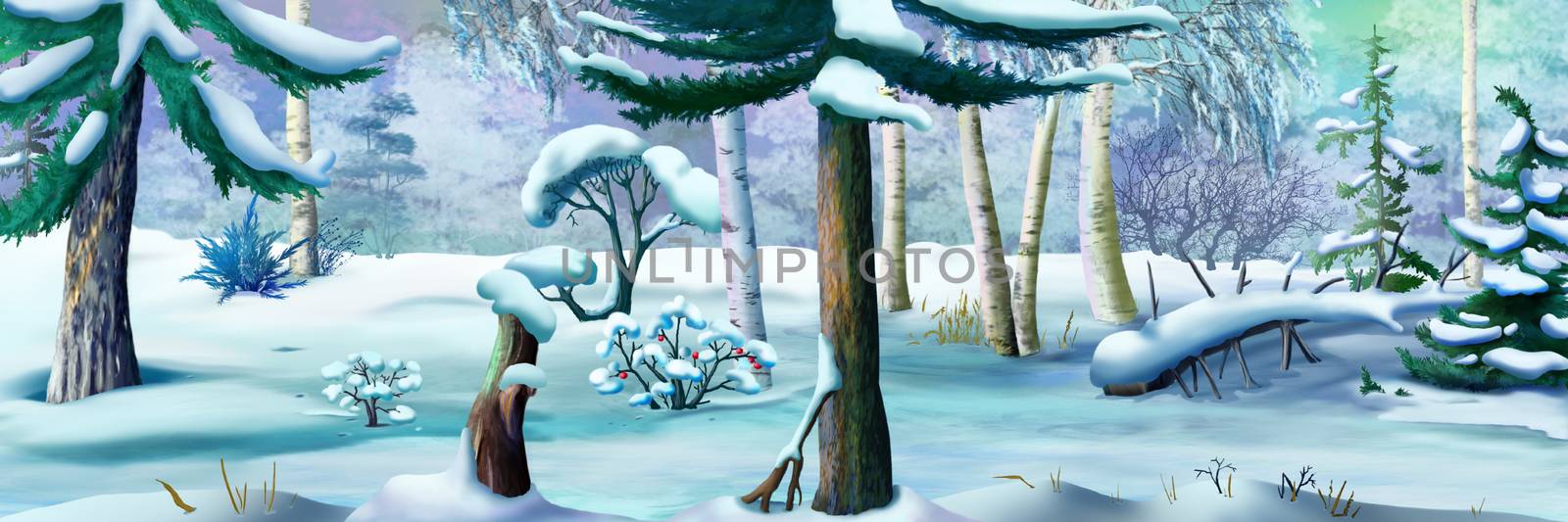Winter Forest on a Frosty Day. Panorama View. Handmade illustration in a classic cartoon style.