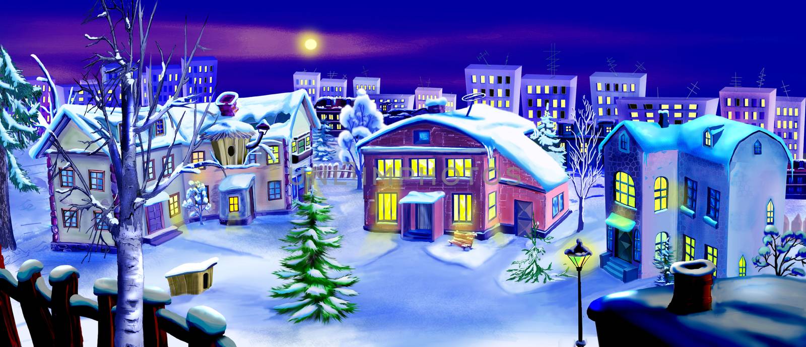 Christmas Eve. Winter Night in a Small Town by Multipedia