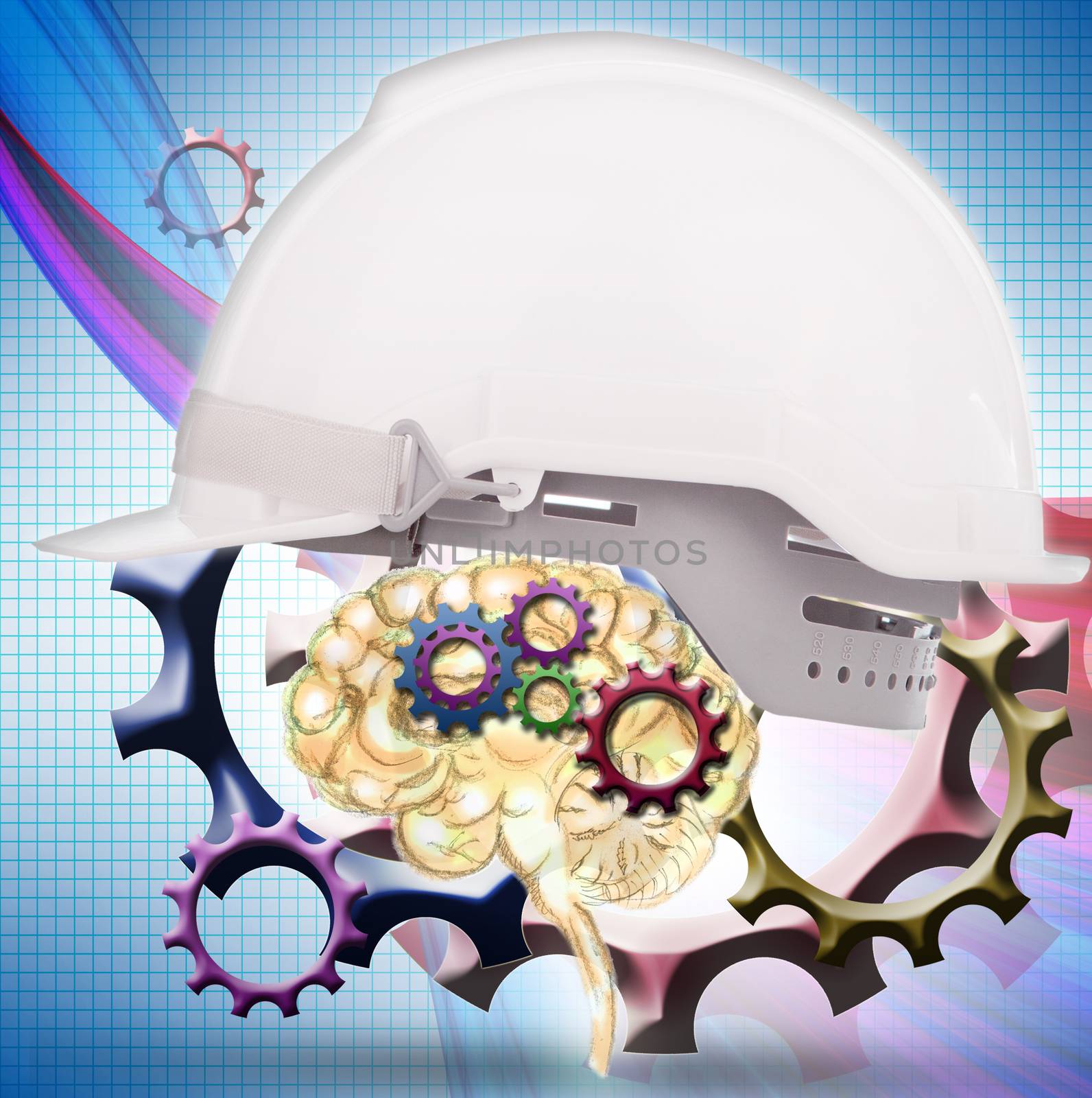 conceptaul of  white safety helmet cover brain gear inside use for construction business and power of team