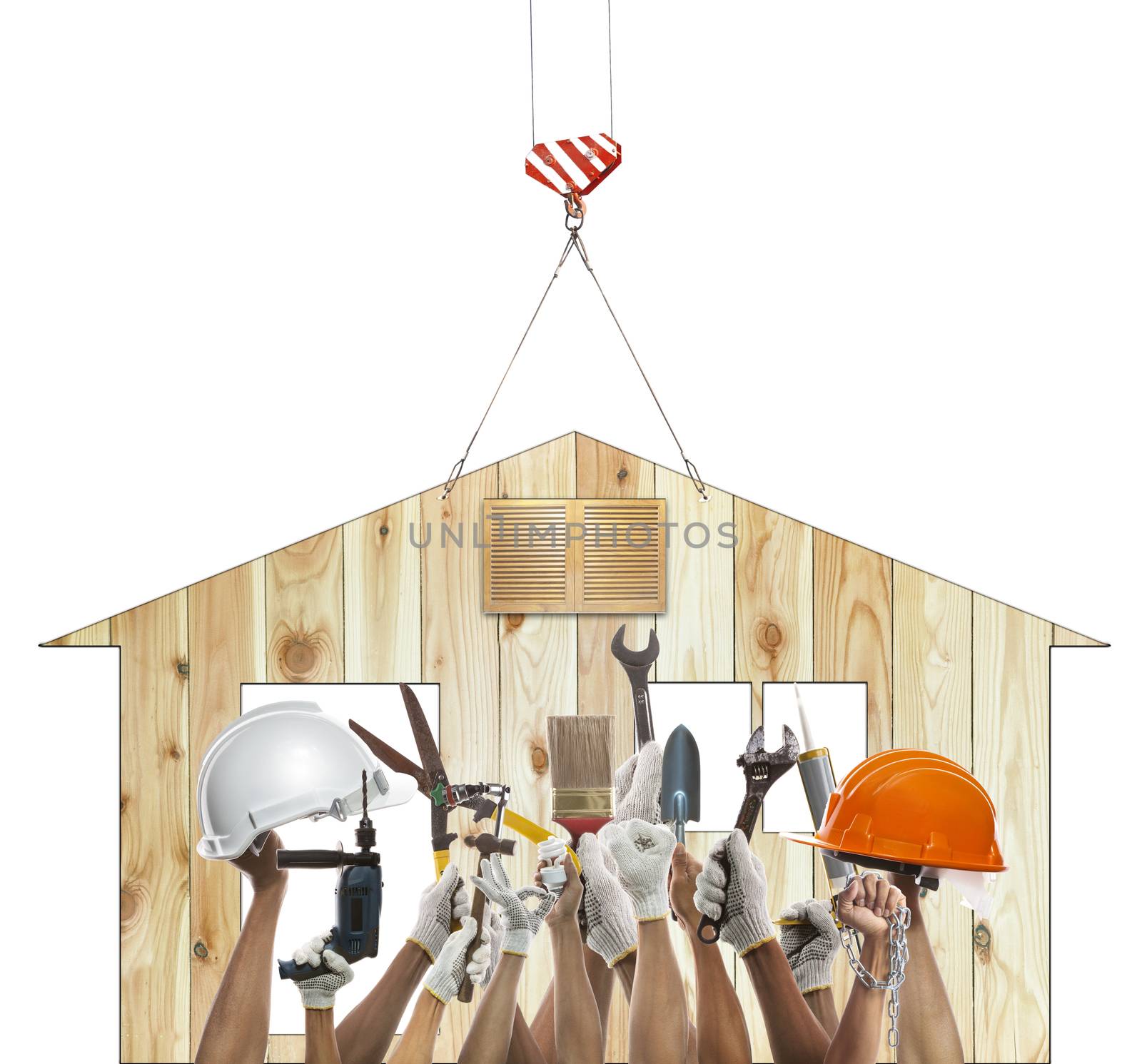 home and hand rising diy tool equipment against wood house use for home craftman repair and maintenance working