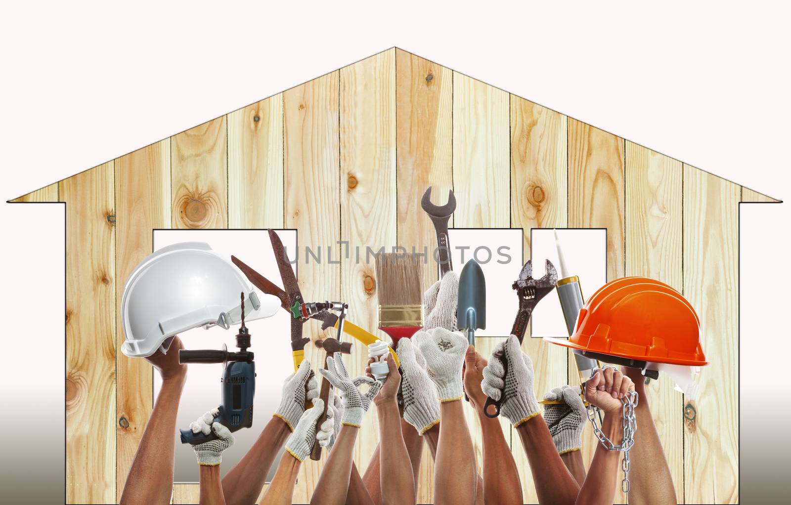 home and hand rising diy tool equipment against wood house use for home craftman repair and maintenance working