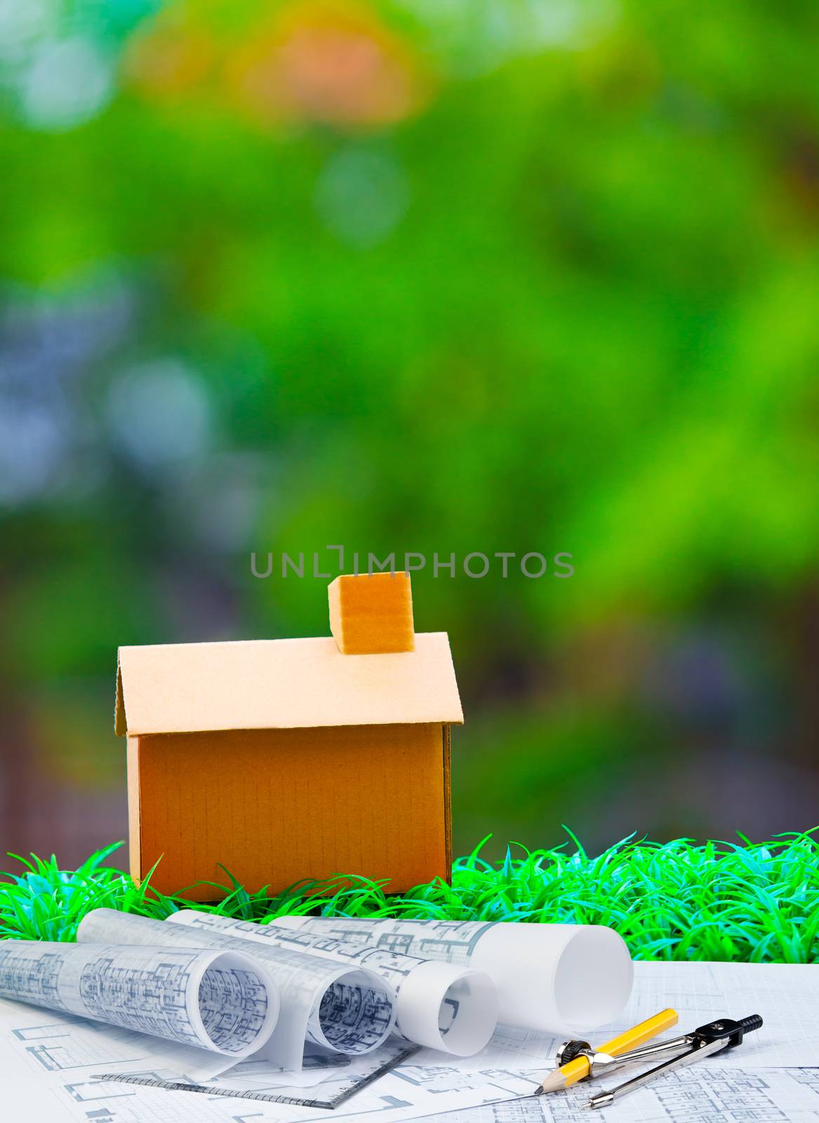 plan compass and paper work with home on green grass with blur b by khunaspix