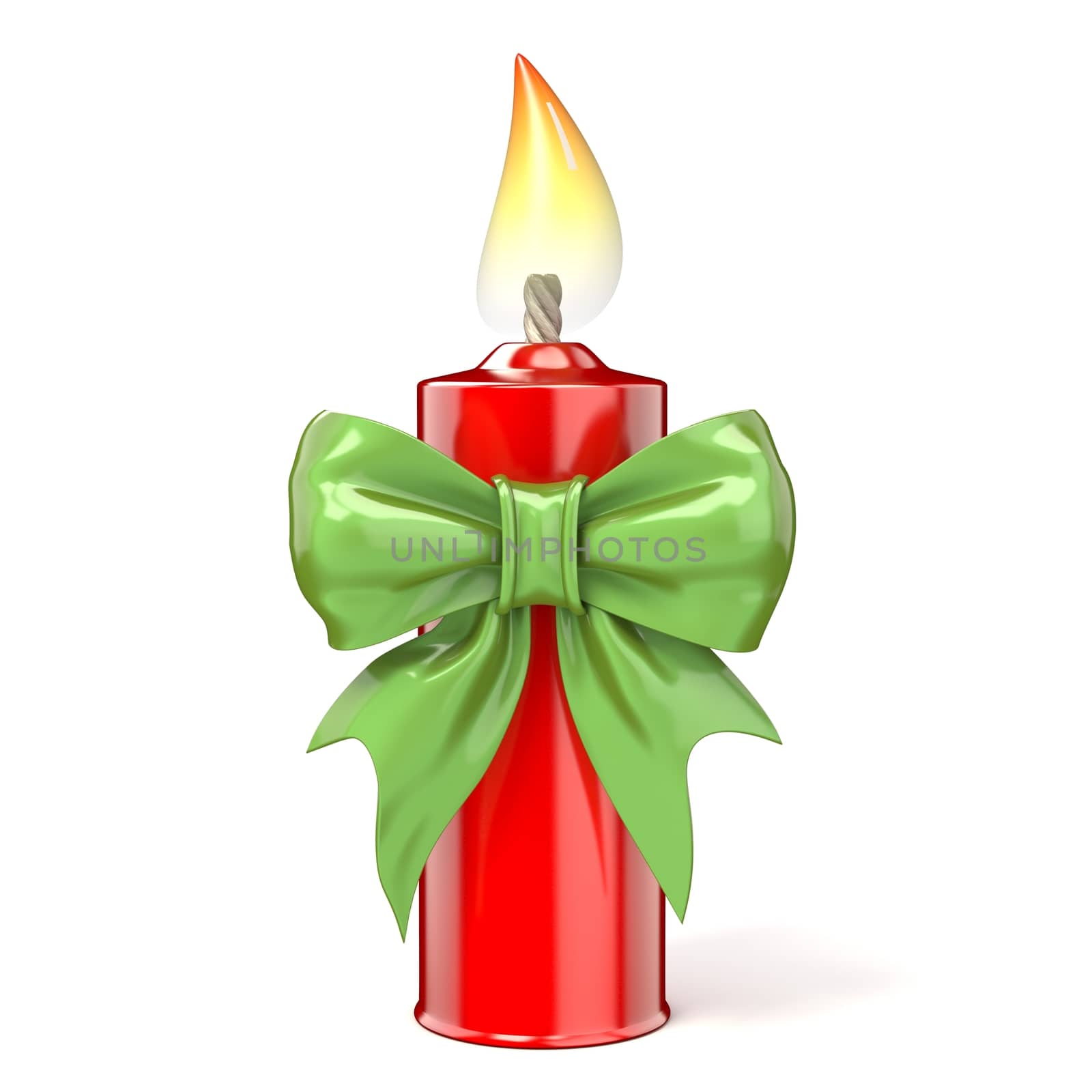 Red candle with green ribbon bow. 3D render illustration isolated on white background