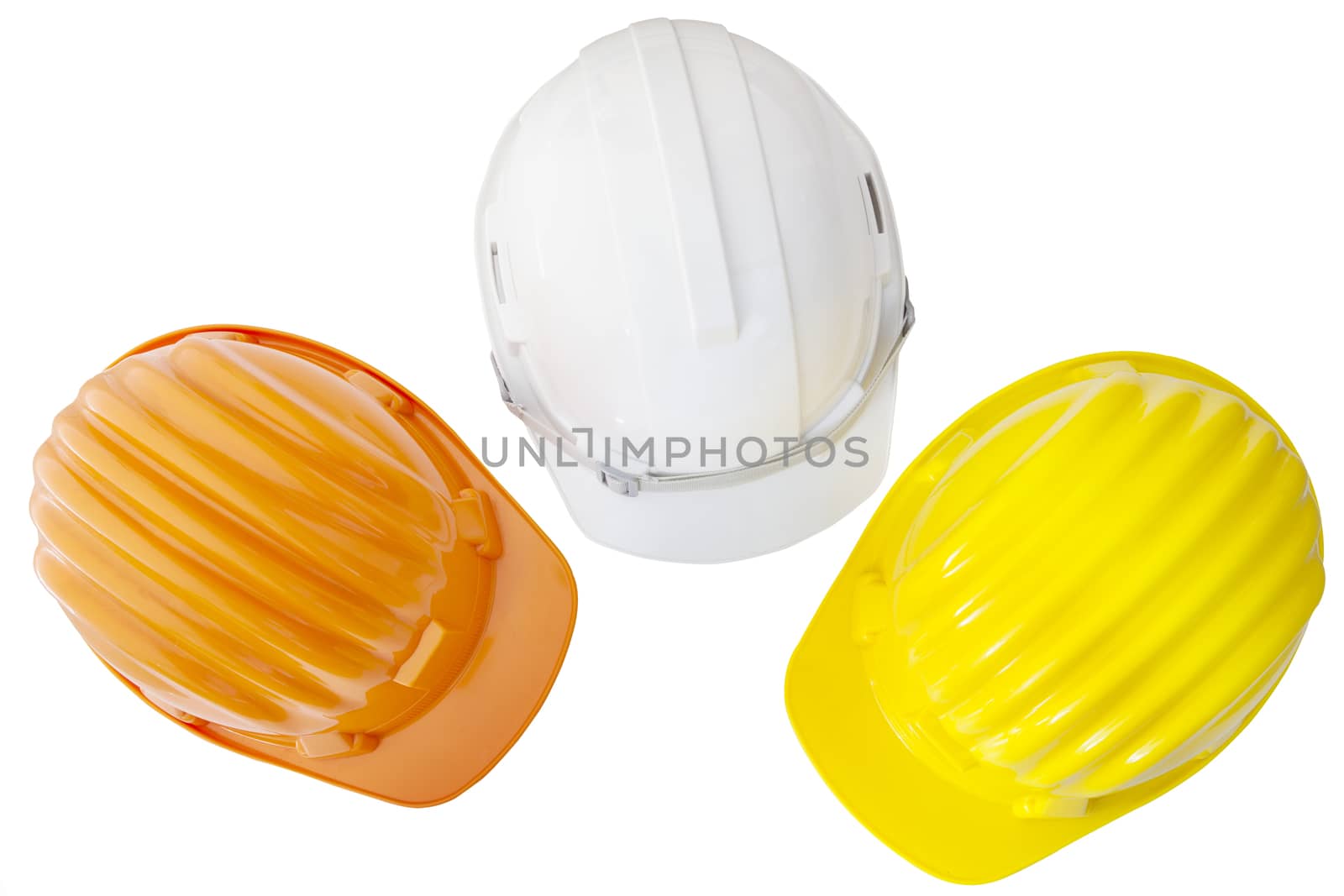 top view of multicolor safetyt,construction ,protection helmet  isolated white background