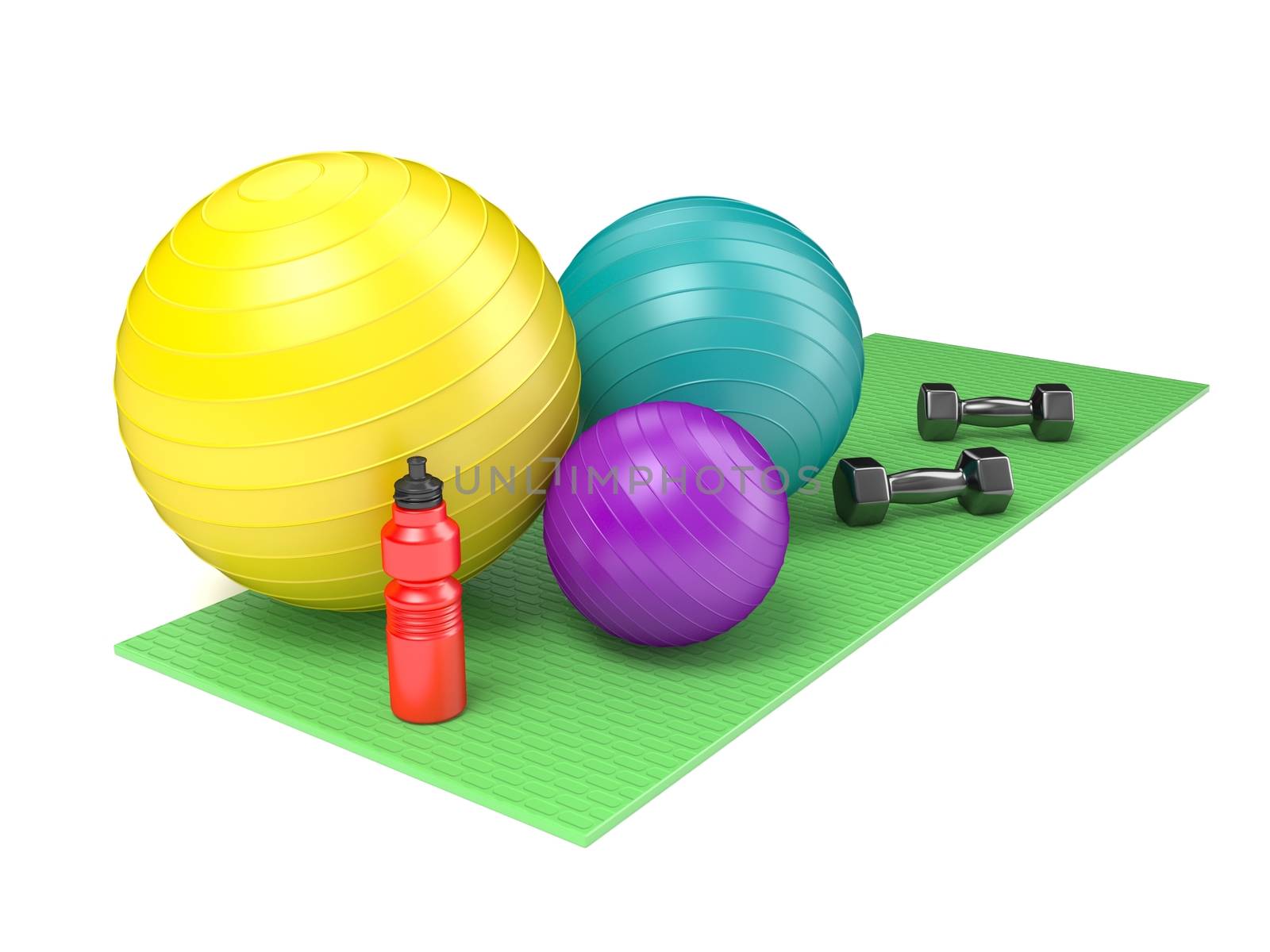 Fitness ball, dumbbells and plastic water bottle on green yoga m by djmilic