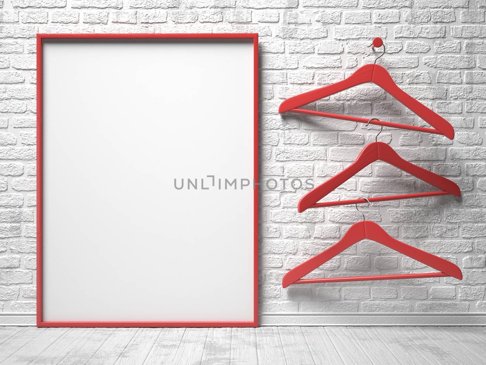 Three red cloth hanger and blank canvas on the white painted brick wall. 3D render illustration