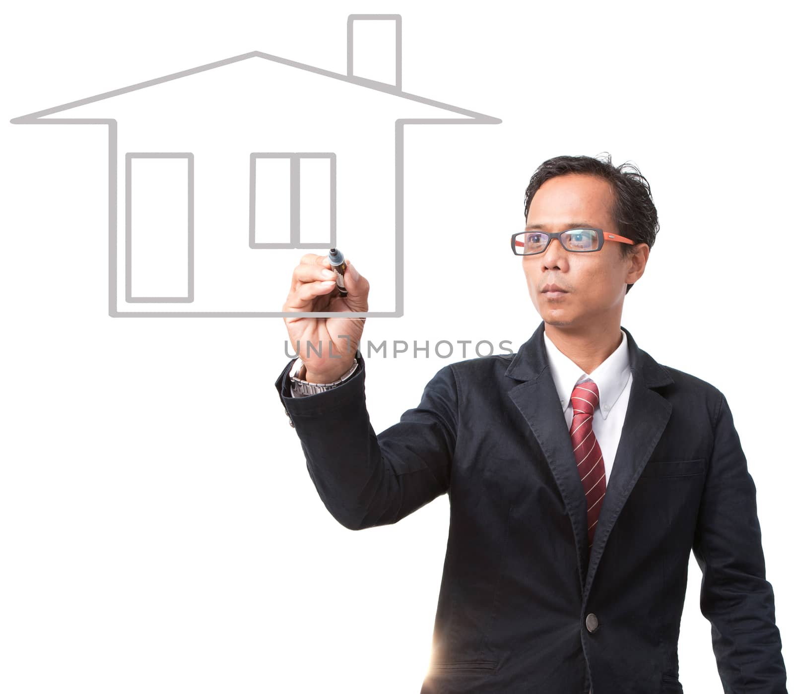 young businessman writing home outline isolated on white background use for housing topic
