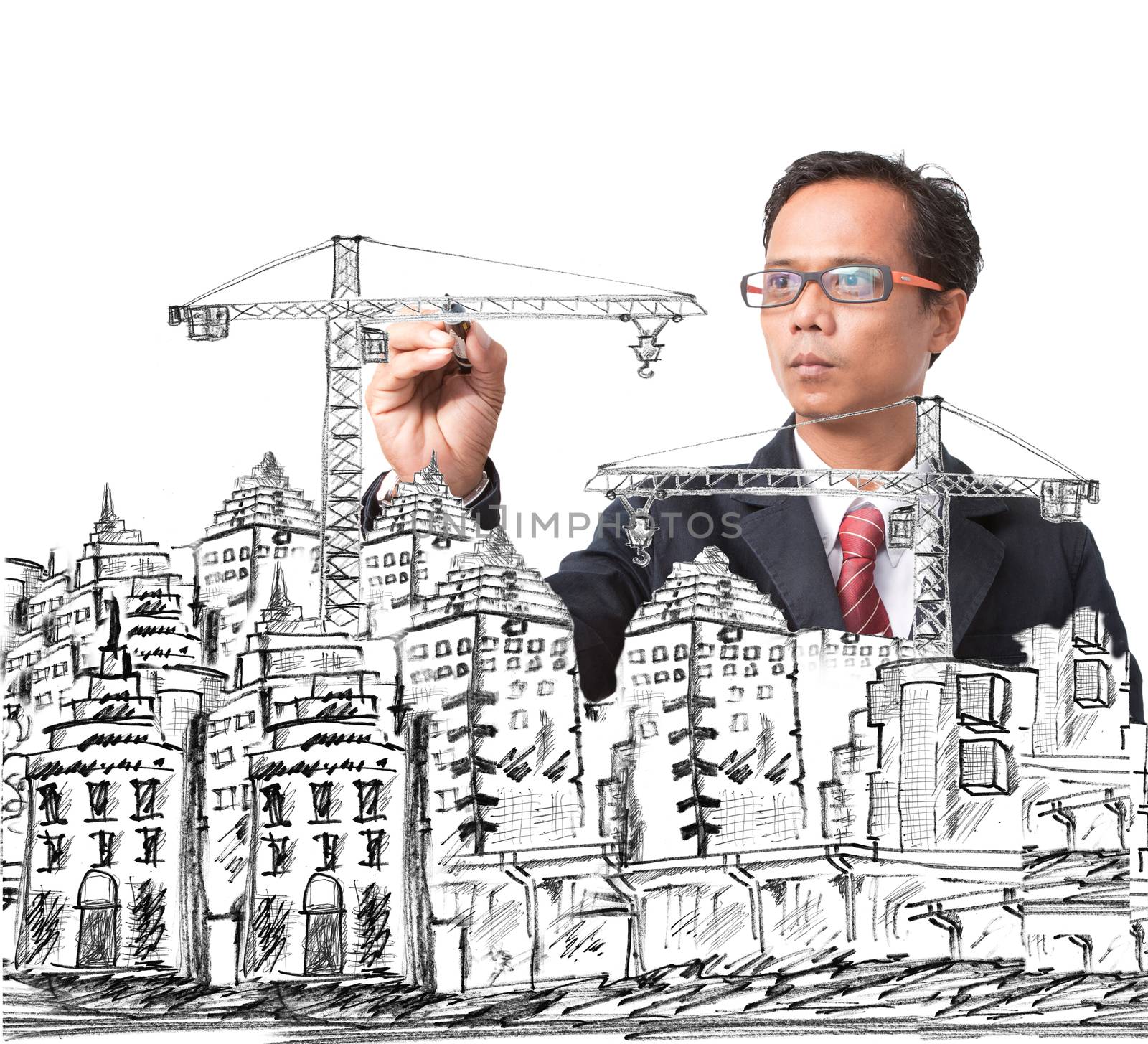 man drawing modern building construction  by khunaspix