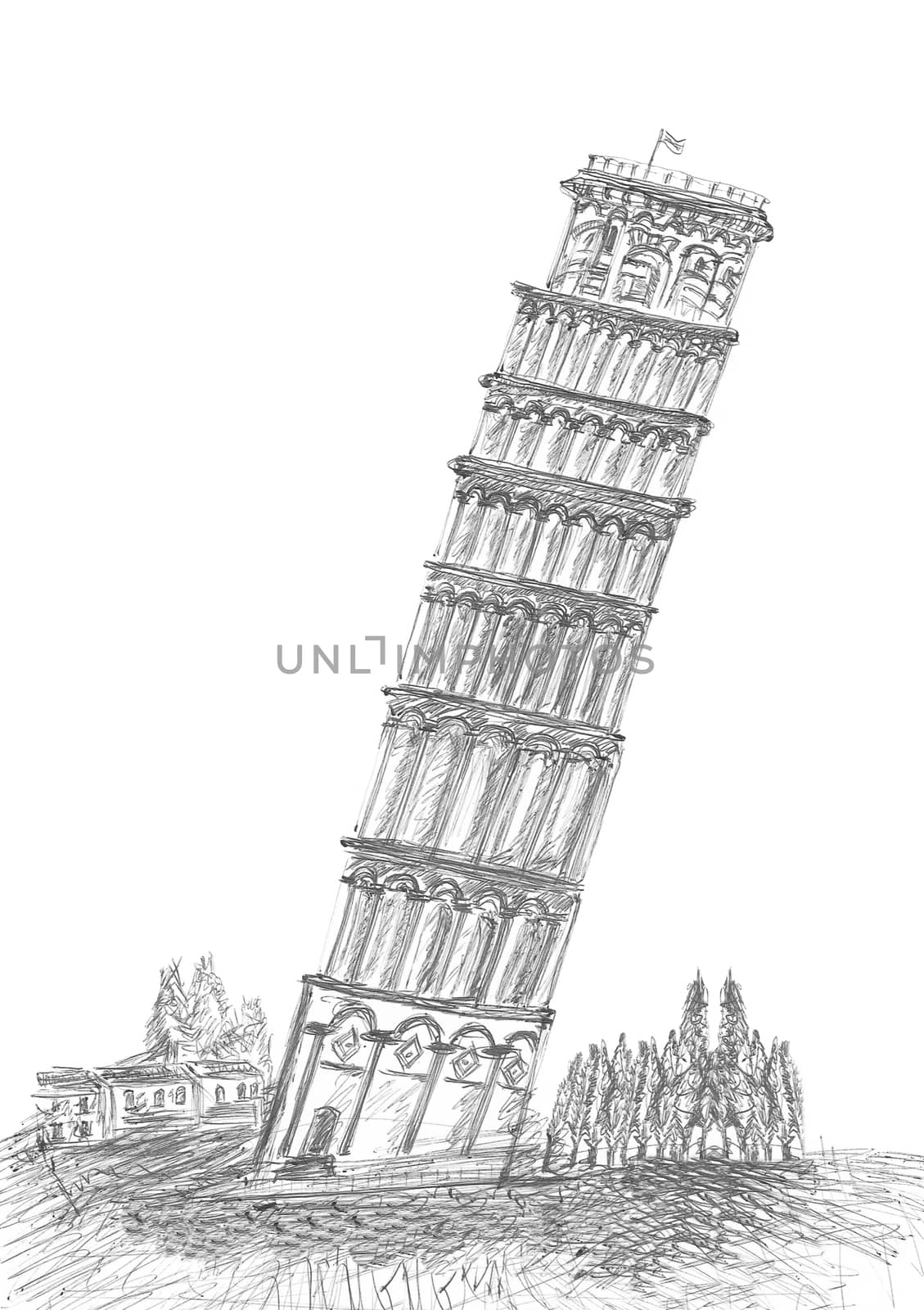 sketching by pen of Leaning Tower Pisa in Tuscany 