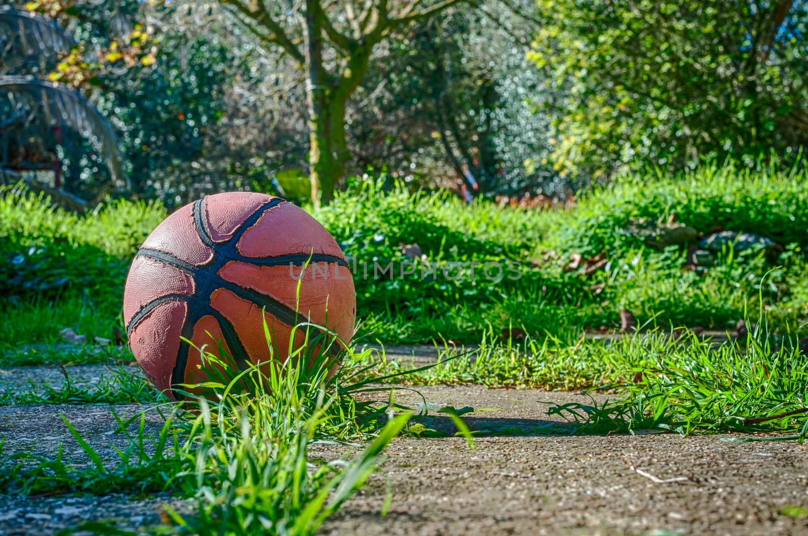 Old basketball in country playground by replica