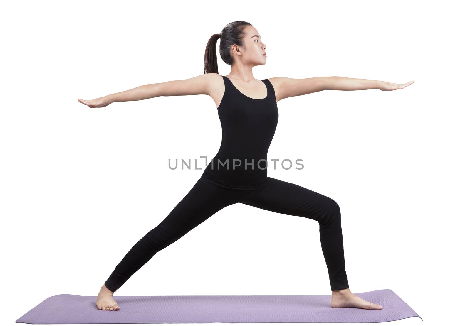 portrait of asian woman wearing black body suit sitting in yoga meditation position isolated white background