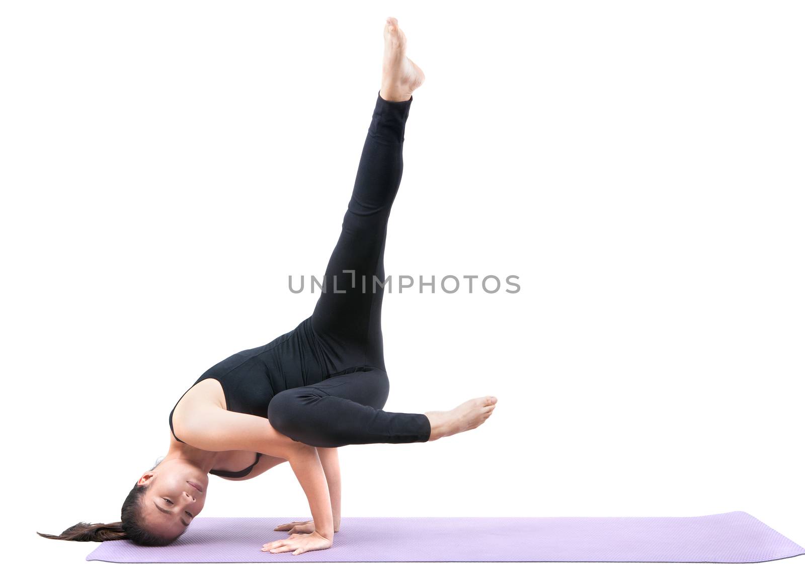 portrait of asian woman wearing black body suit sitting in yoga meditation position isolated white background