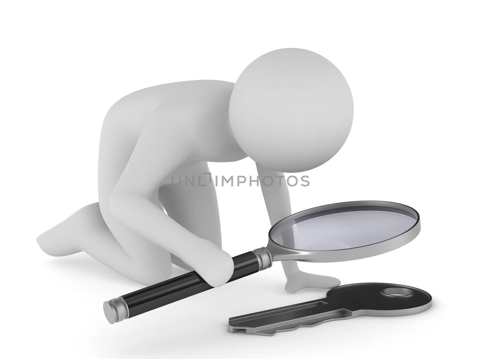 Man with magnifier on white background. Isolated 3D image