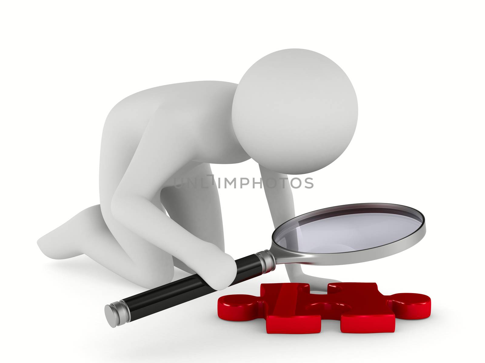 Man with magnifier on white background. Isolated 3D image