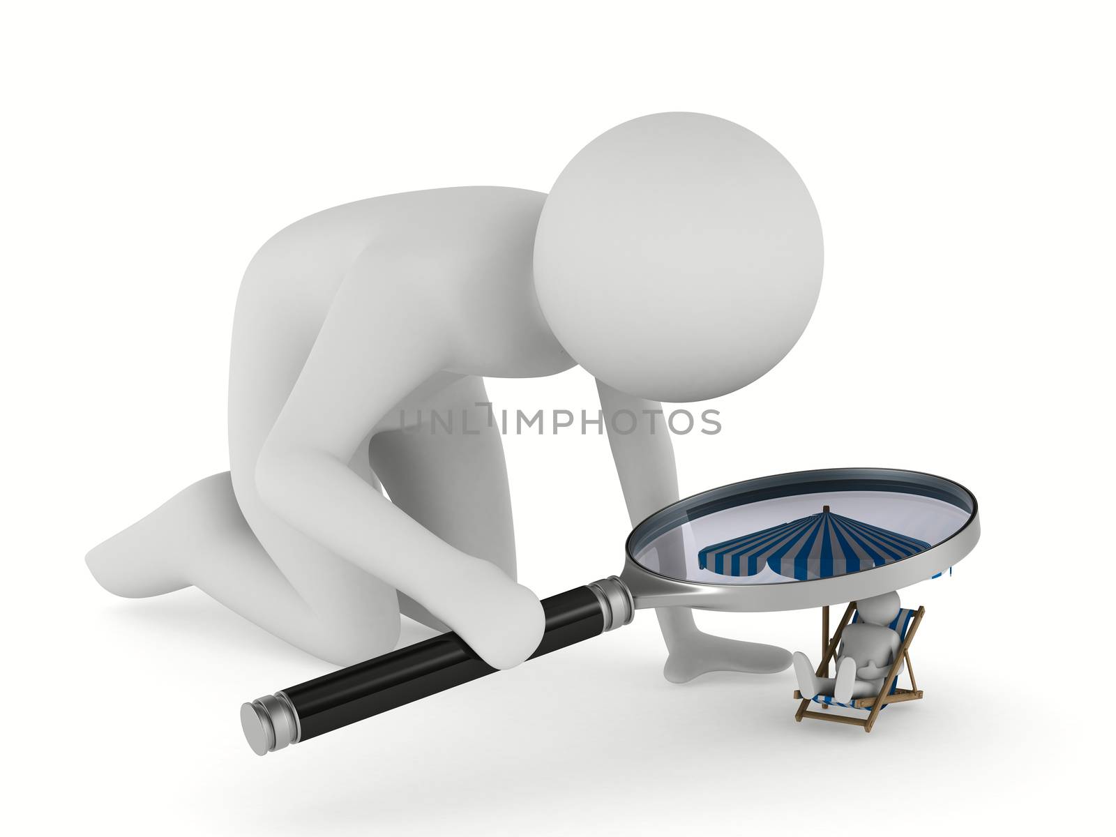 Man with magnifier on white background. Isolated 3D image