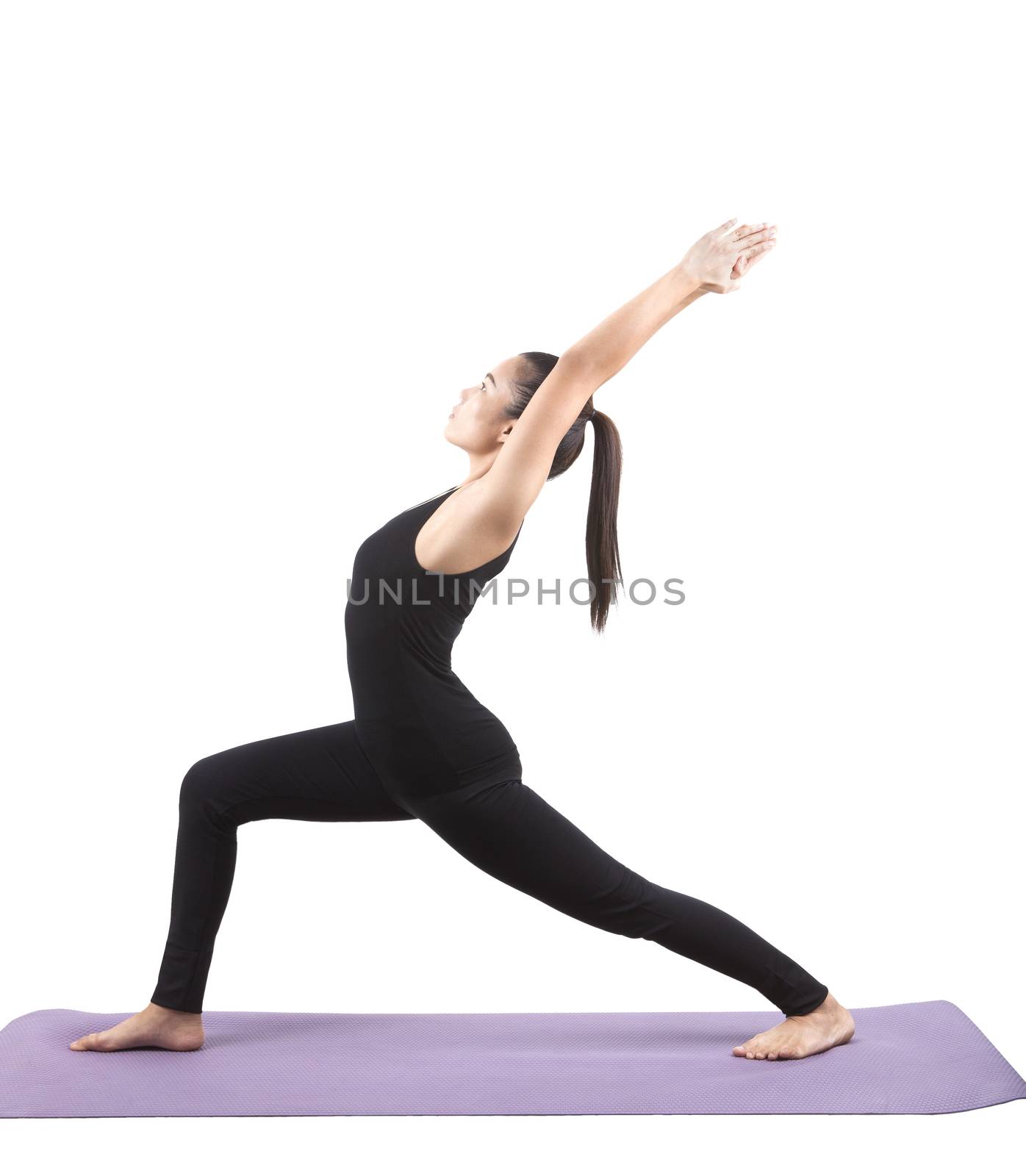 portrait of asian woman wearing black body suit sitting in yoga meditation position isolated white background