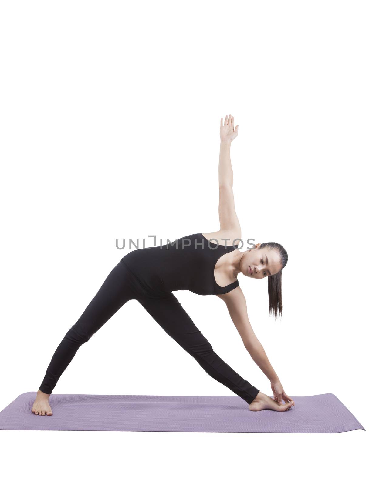 portrait of asian woman wearing black body suit sitting in yoga meditation position isolated white background