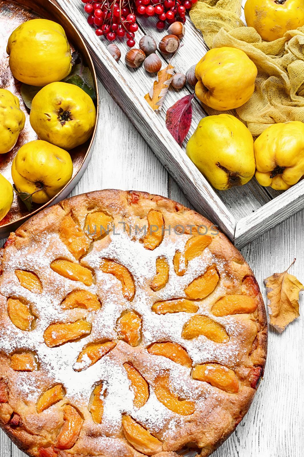 Baked pie with quince in copper kitchen form
