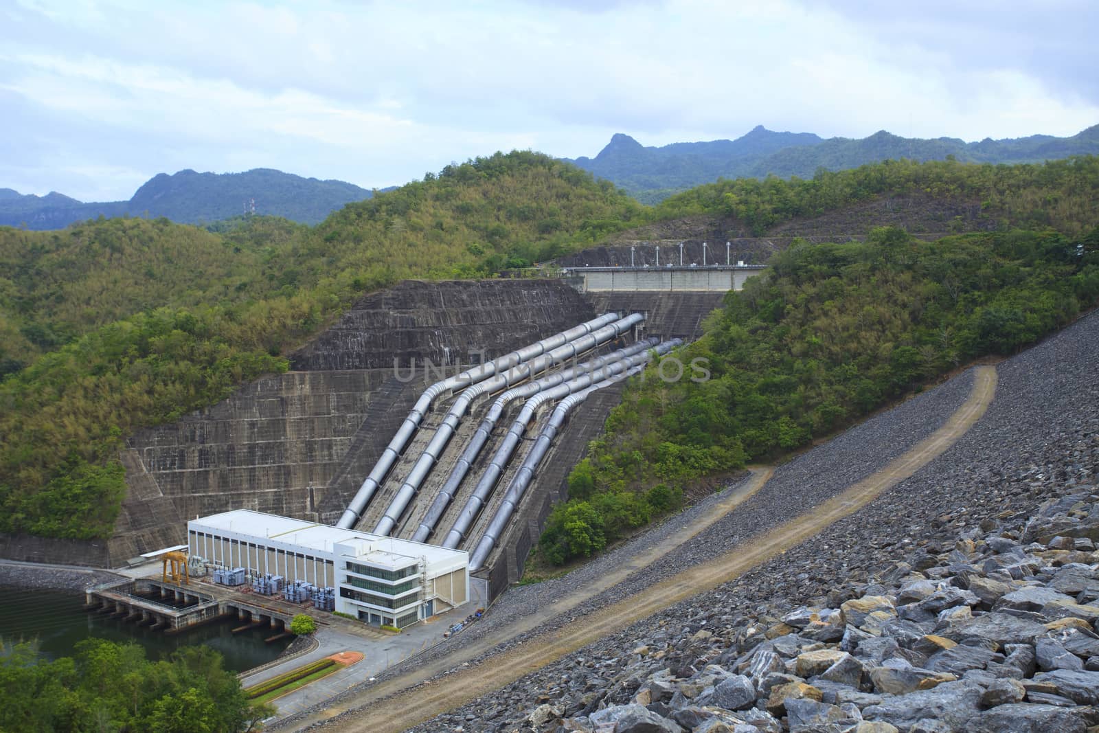 Srinagarind Hydroelectricity Dam building below water level 