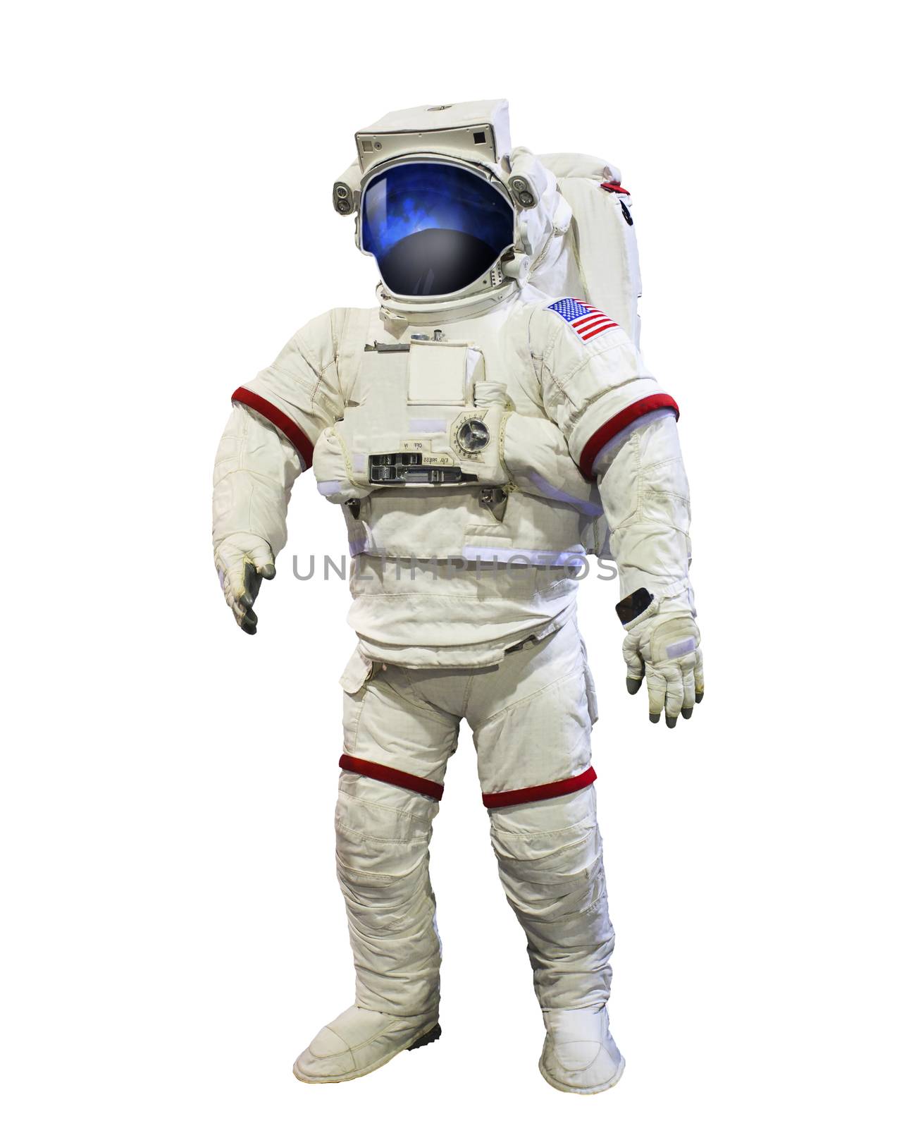 nasa astronaut pressure suit with galaxi space reflection on helmet mask isolated white background use for education and space technology