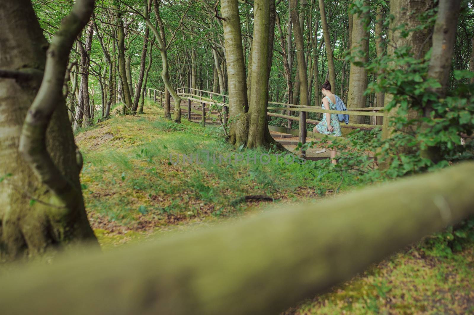 Young girl on a walk in the forest.